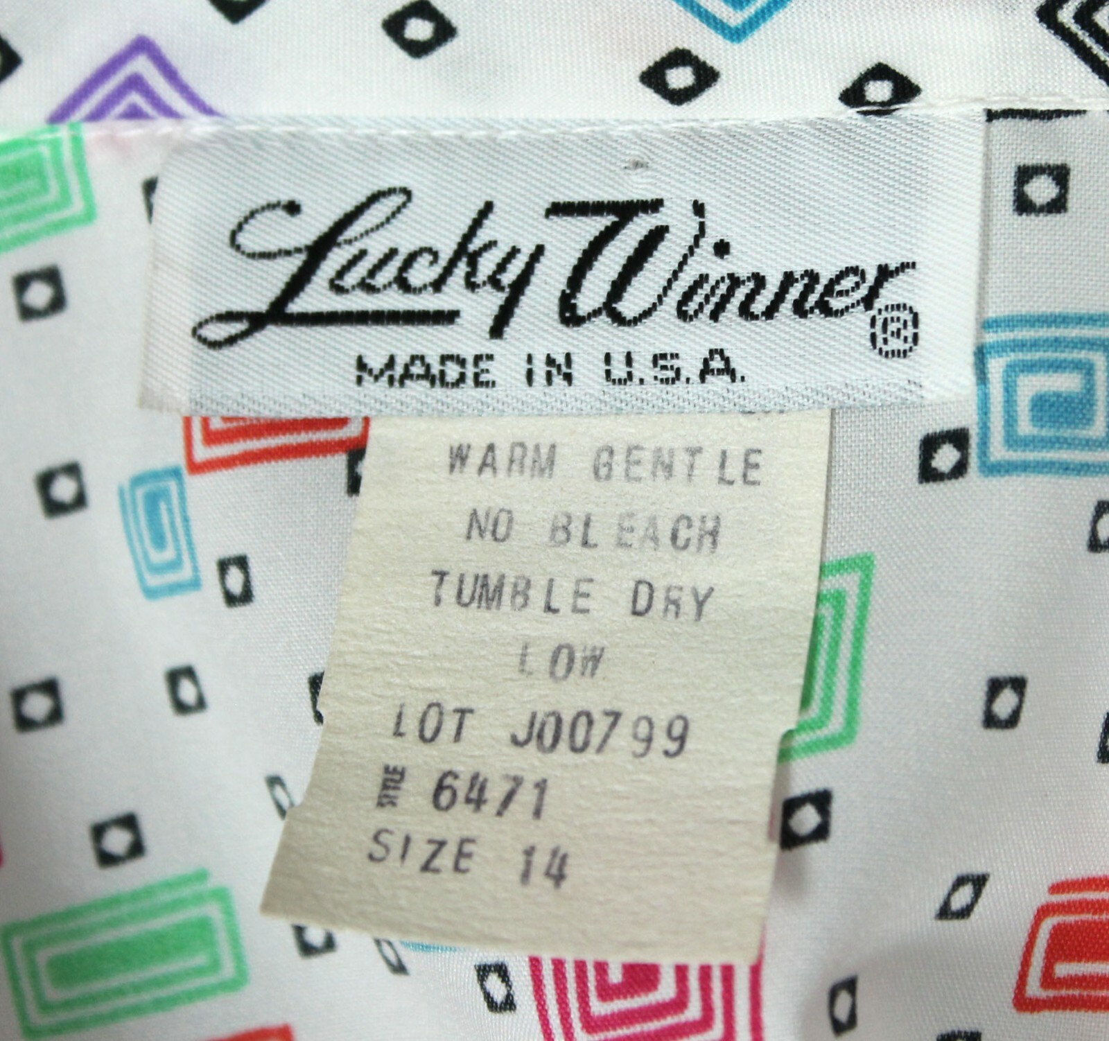 Pussy Bow Blouse Sz L Vintage 80s Funky White Geometric Long Sleeve Dress Shirt