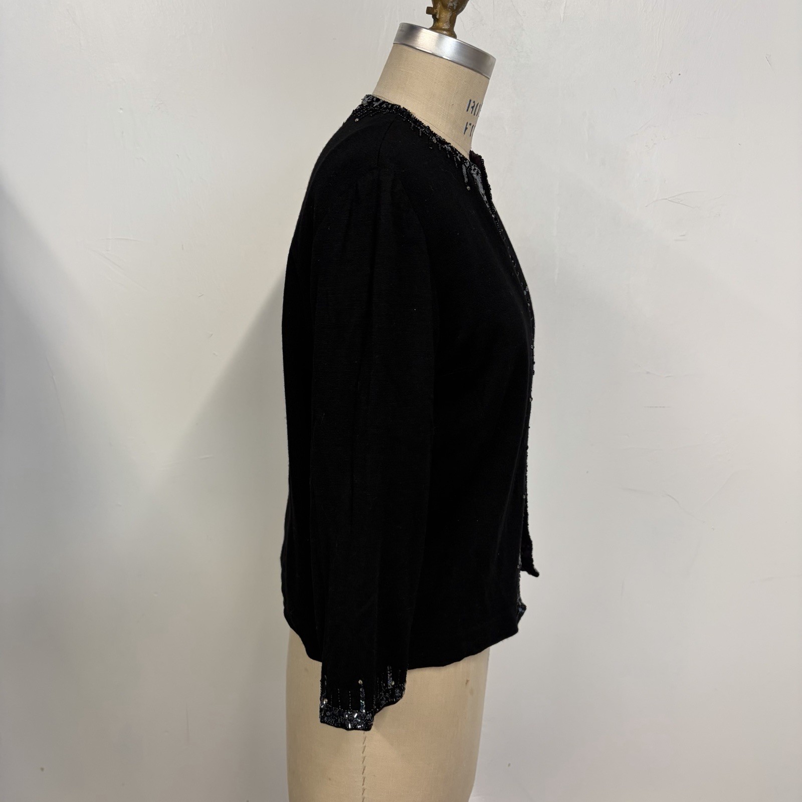 STUNNING vintage 60s Gino Paoli Sequin Wool Sweater Cardigan Small Black
