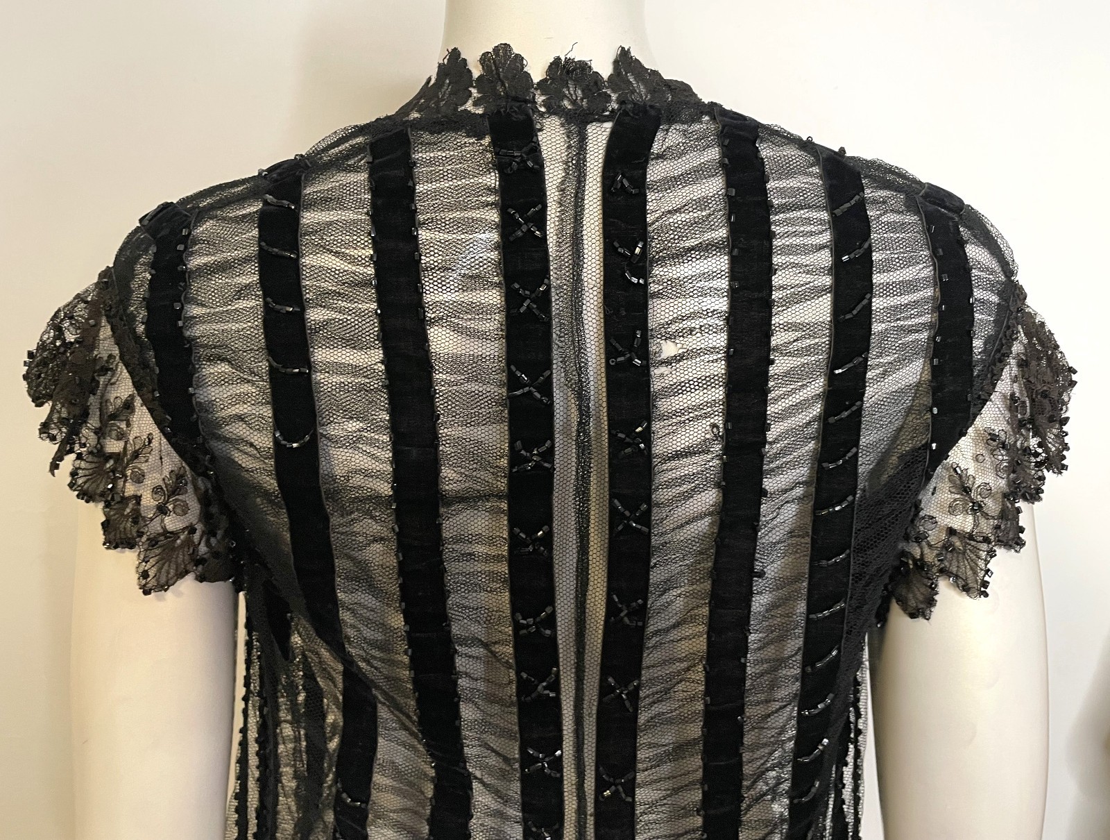 Antique 20s Black Beaded Lace Jacket S M Overlay Evening Edwardian Victorian