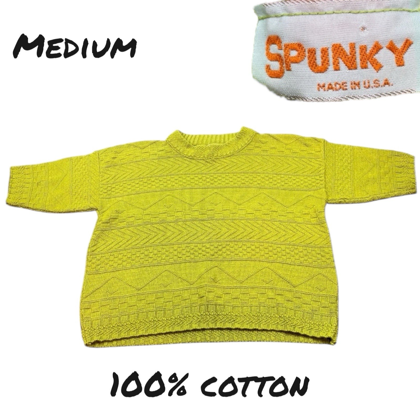 VTG 90s Spunky Sweater Womens Size MED Green Short Sleeve Knitted 100% Cotton