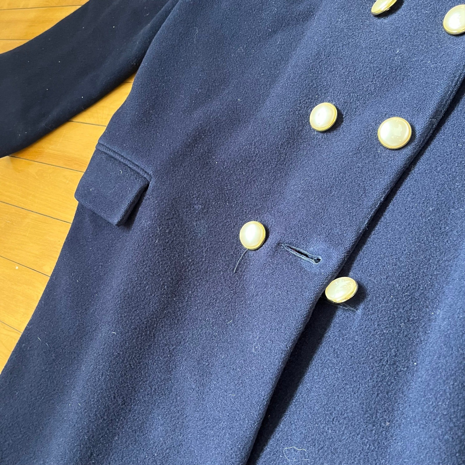 Holt Renfrew Vintage Navy Blue Women Virgin Wool Trench Coat Overcoat Size 7/8