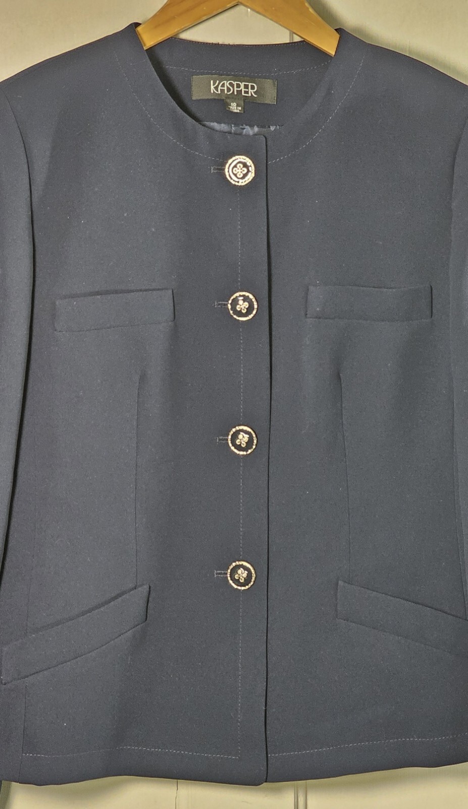 VTG Kasper 2 Piece Suit Women’s 10 Navy Blue Jacket Skirt Fancy Buttons Career