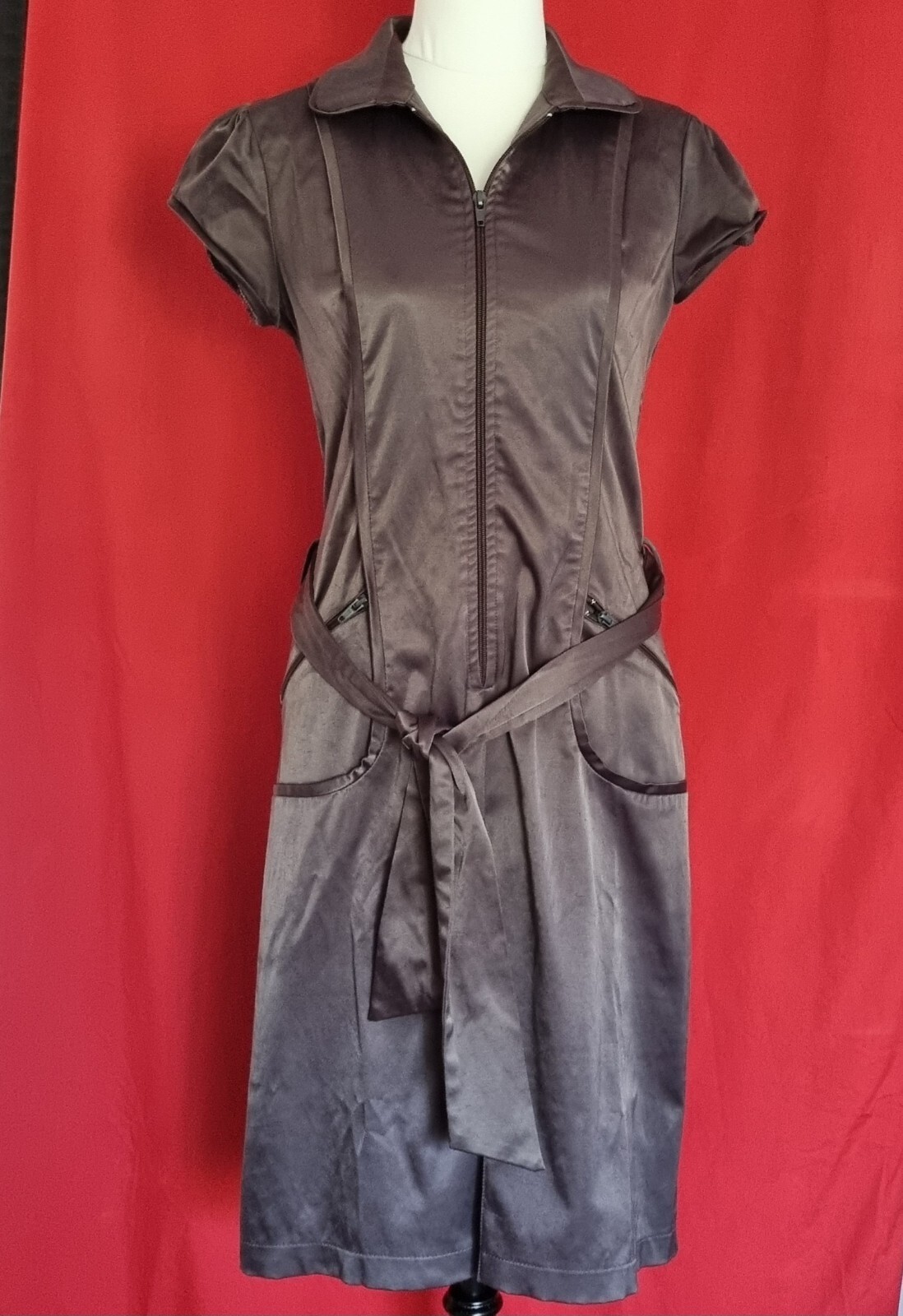 ❤️💛 MARTINI RETRO 90S/ Y2K HEAVY SATIN BRONZE SHORT SLEEVE ZIP UP DRESS