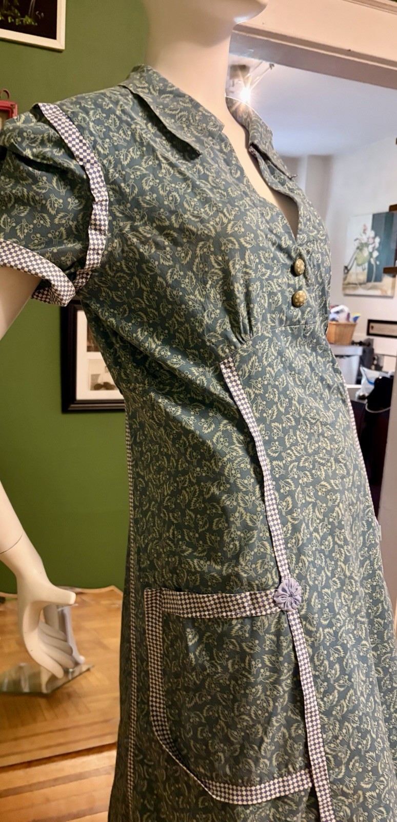 Vtg 1940s 1950s Cotton House Day Dress Check & Floral Print L XL Rockabilly