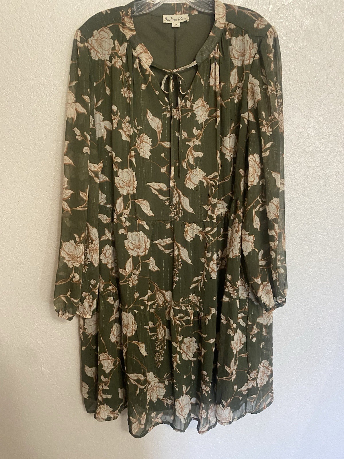 Vintage 90’s Indigo Rose Olive Green Tiered Babydoll Midi Dress Cottagecore Boho