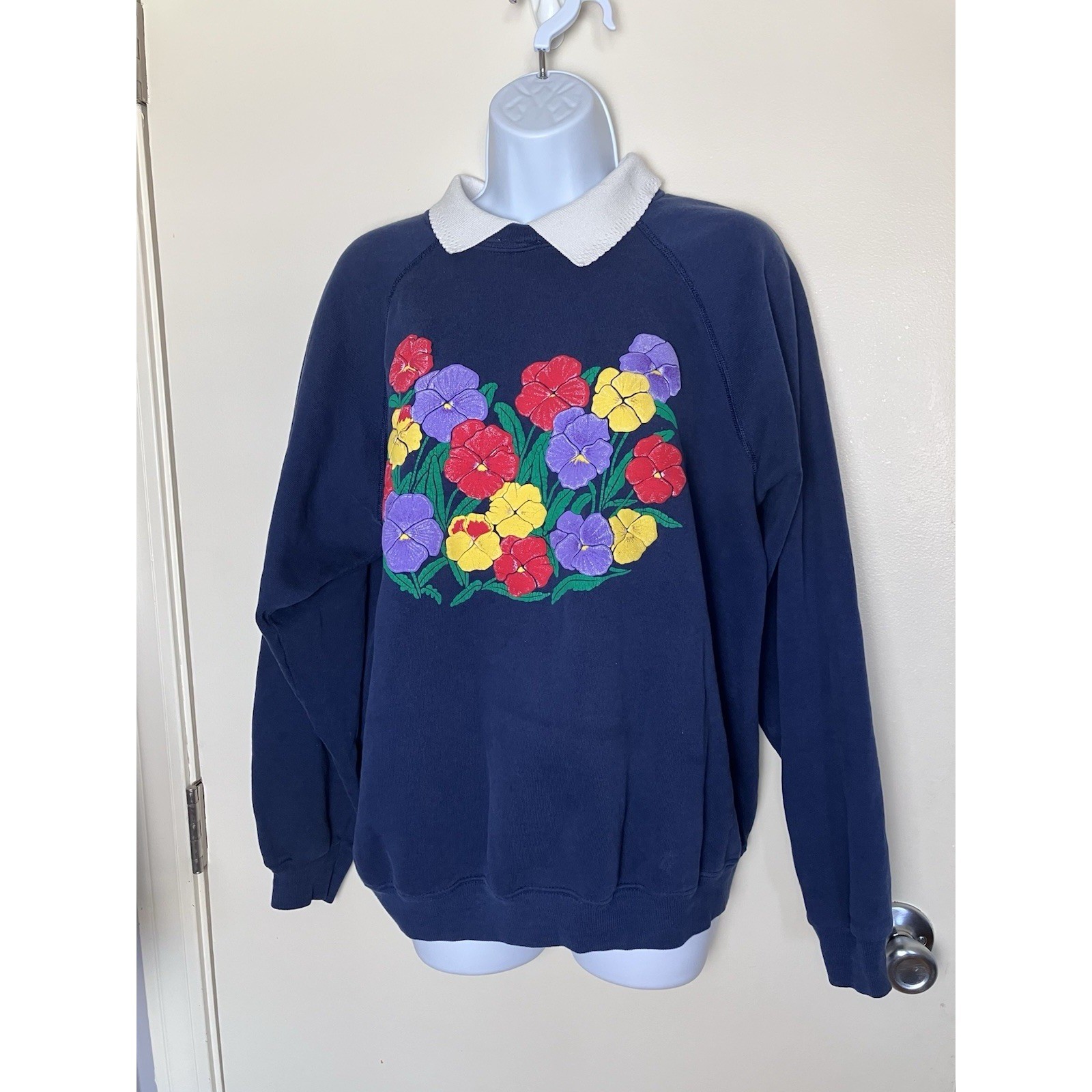 Vintage Blue Floral Barclay Square Hanes Sweatshirt With Collar Twee Size XL
