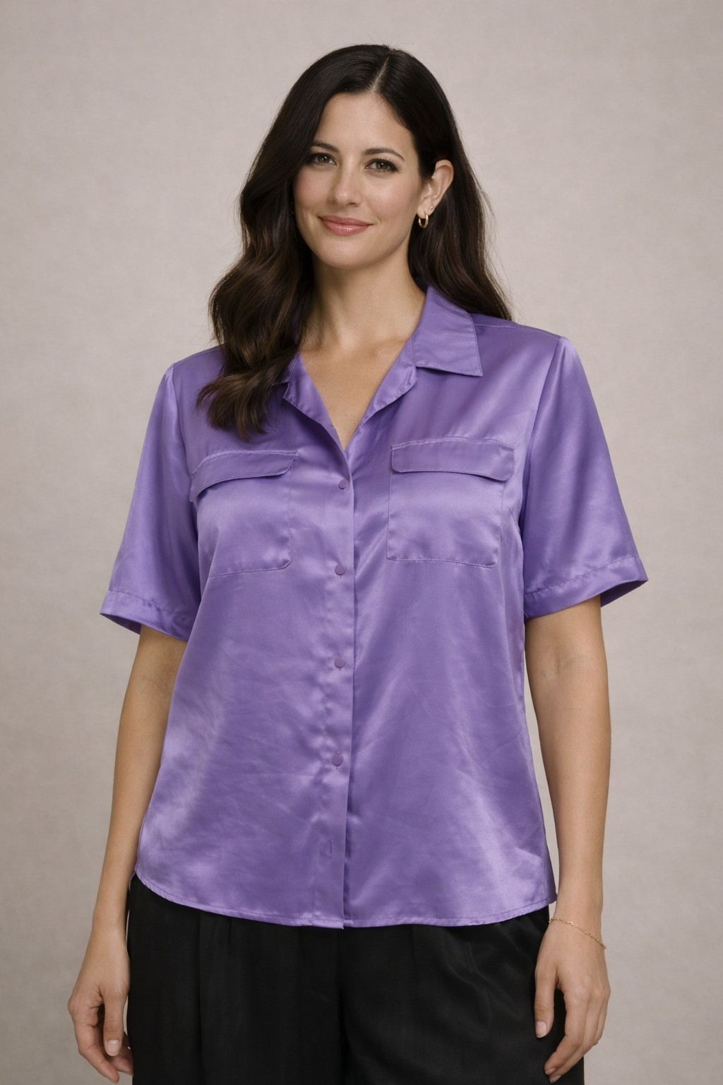 Vintage Summerfield Purple Camp Shirt Size 12 Hidden Button Pleated Blouse 80-90