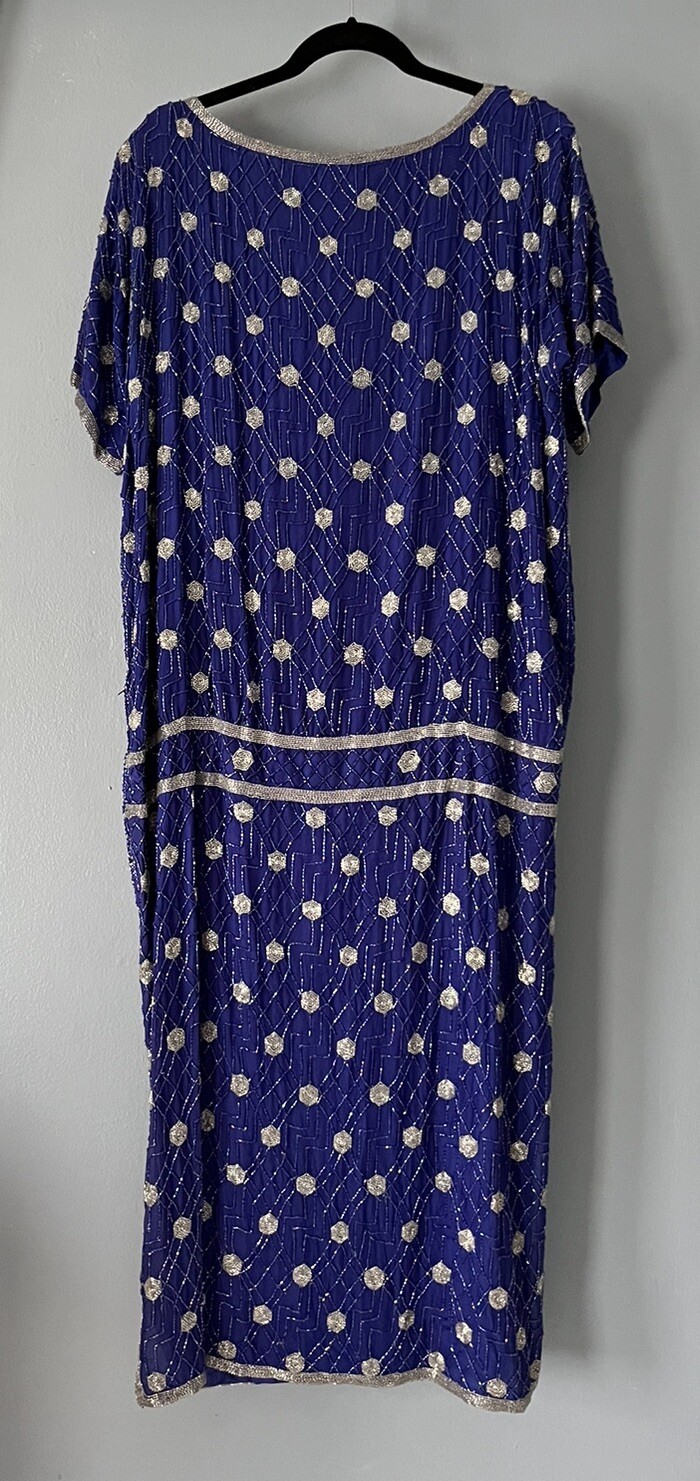 Vintage Judith Ann Creations Dress Royal Blue Purple Sequined L Dropped Waist