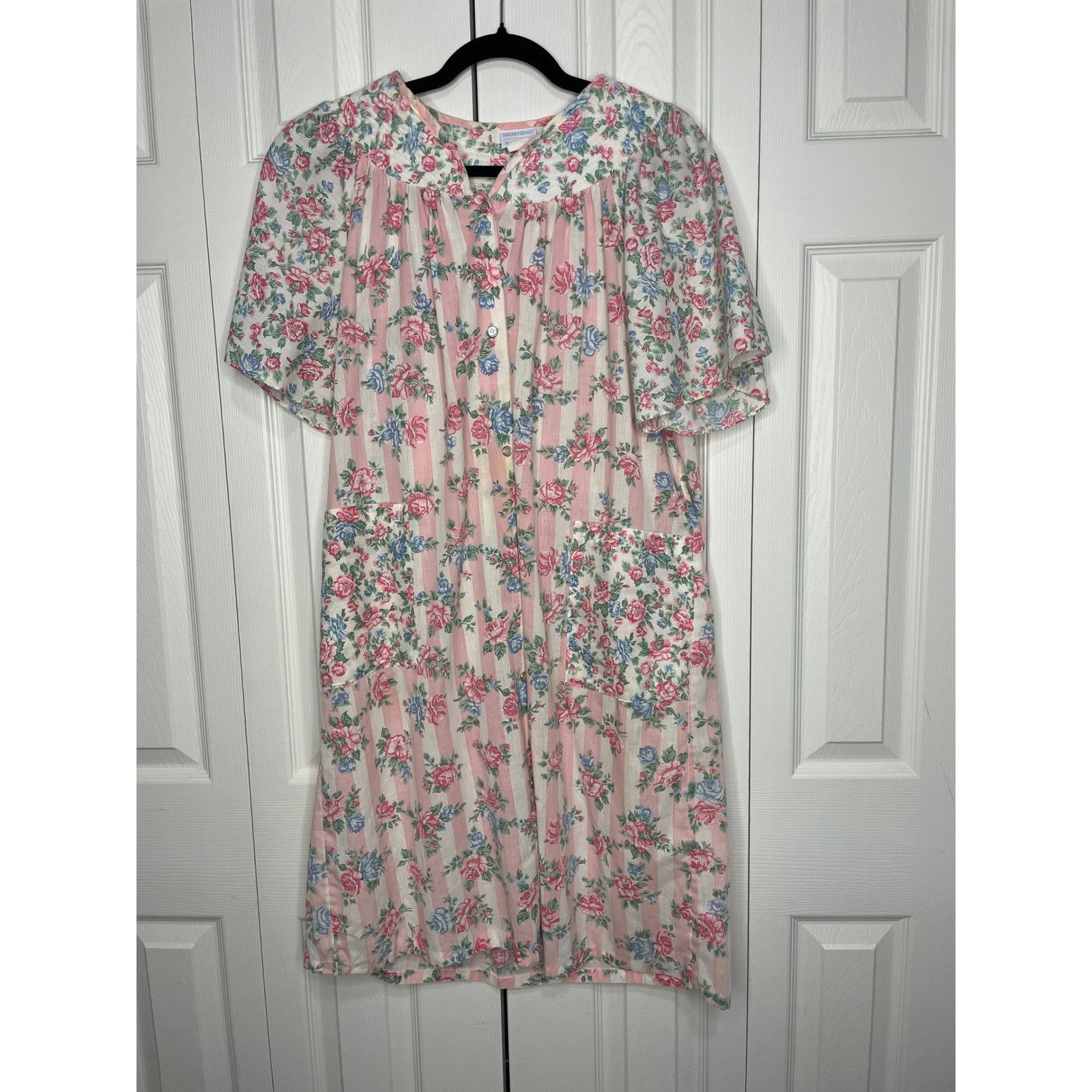 Vintage Floral Stripe Housecoat Cottagecore Grandmacore Pink Cotton Large