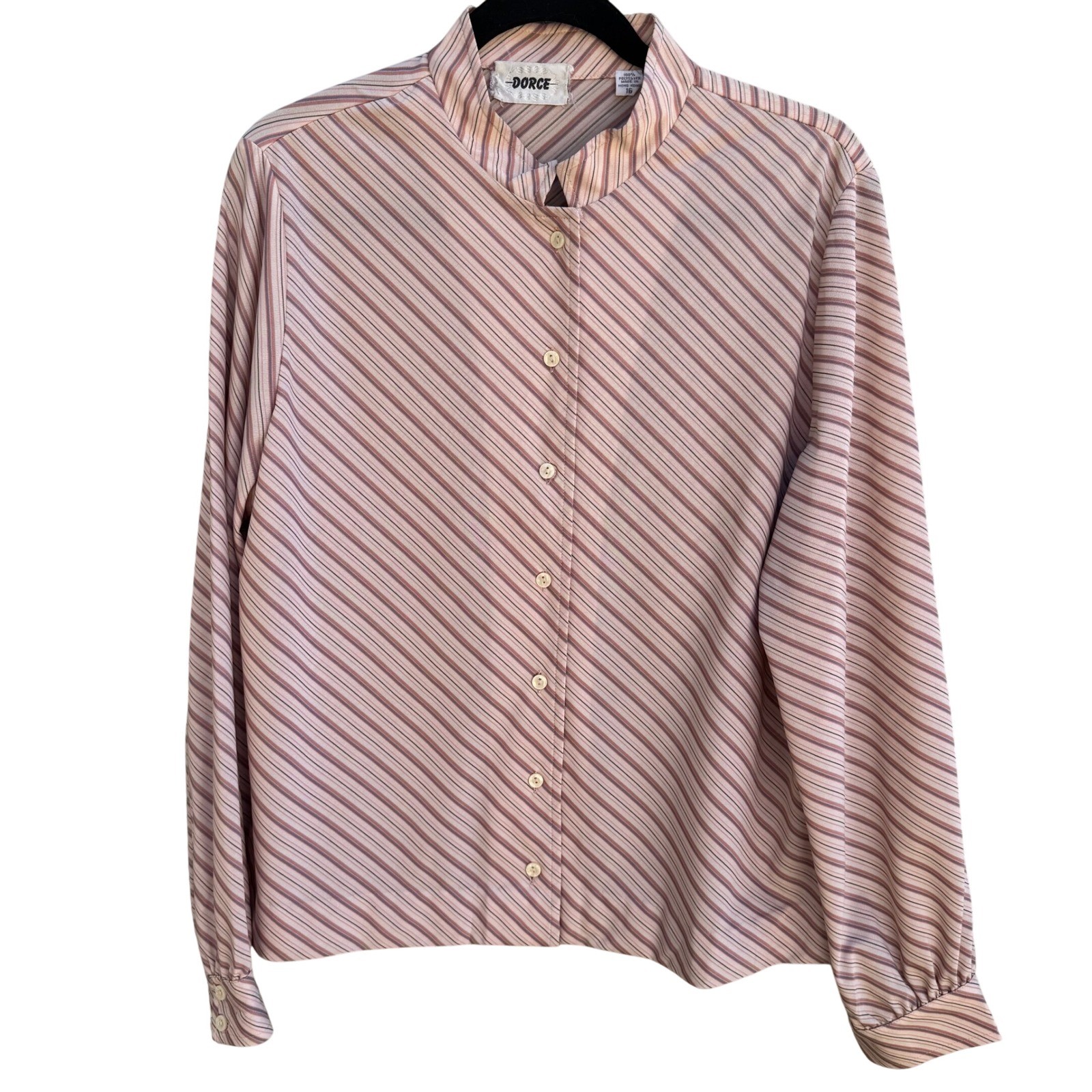 Dorce Vintage 70s Pink Striped Mandarin Collar Blouse 16 Mod Retro Secretary