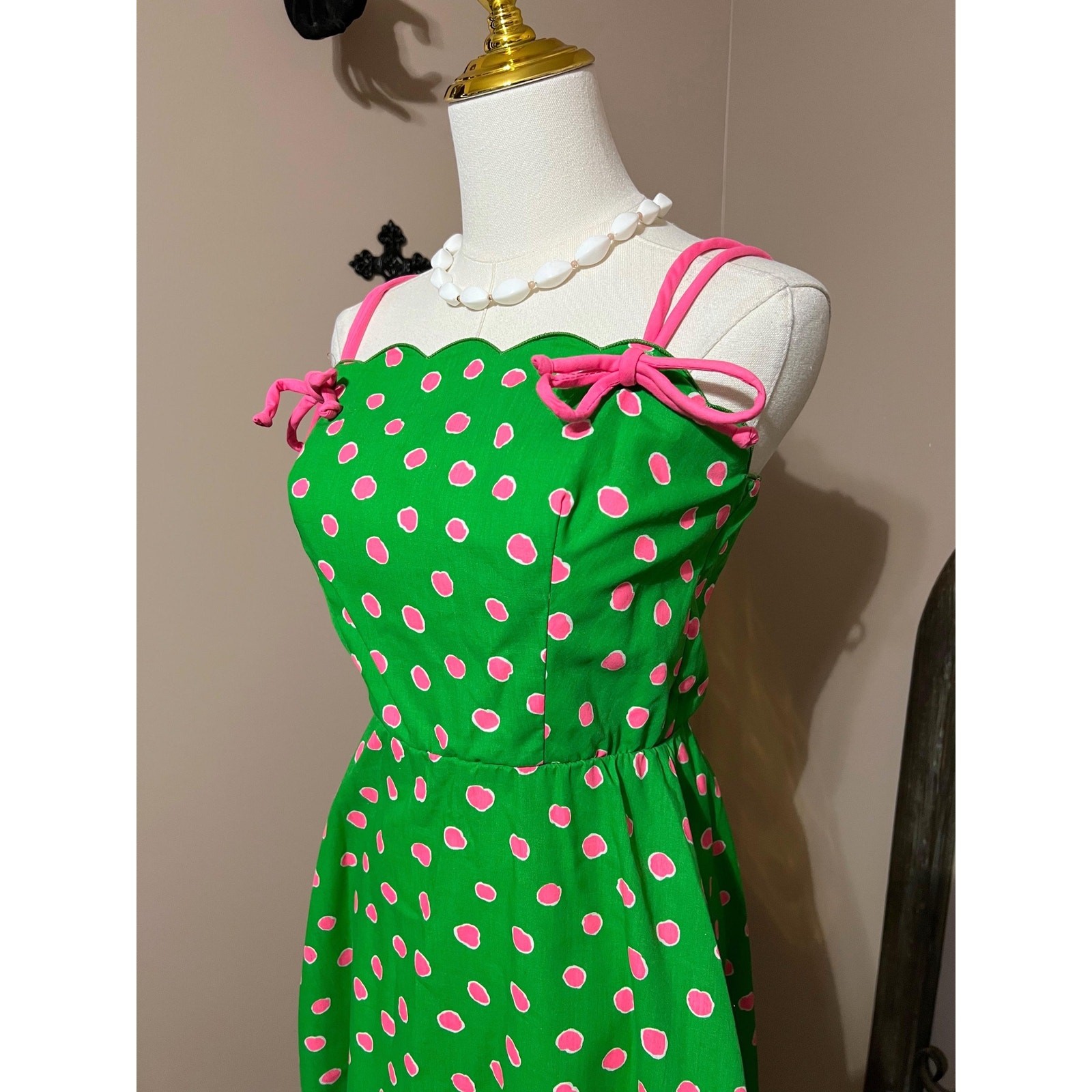 Vintage 60s 70s Green & Pink Polka Dot Tank Sundress Colorful Retro Mod Size S