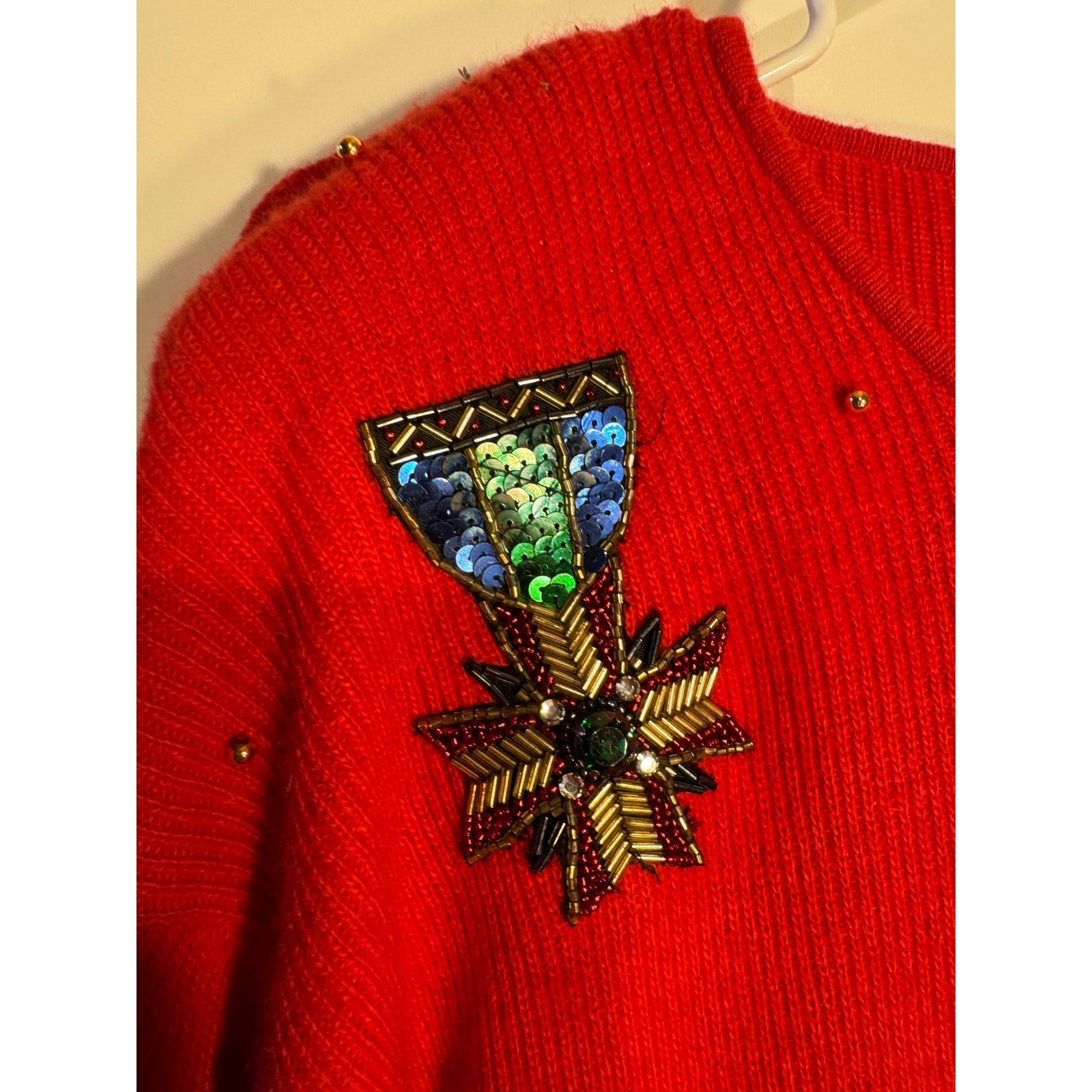 Marisa Christina Classics Vintage Red Beaded Sequin Crest Angora Wool Sweater