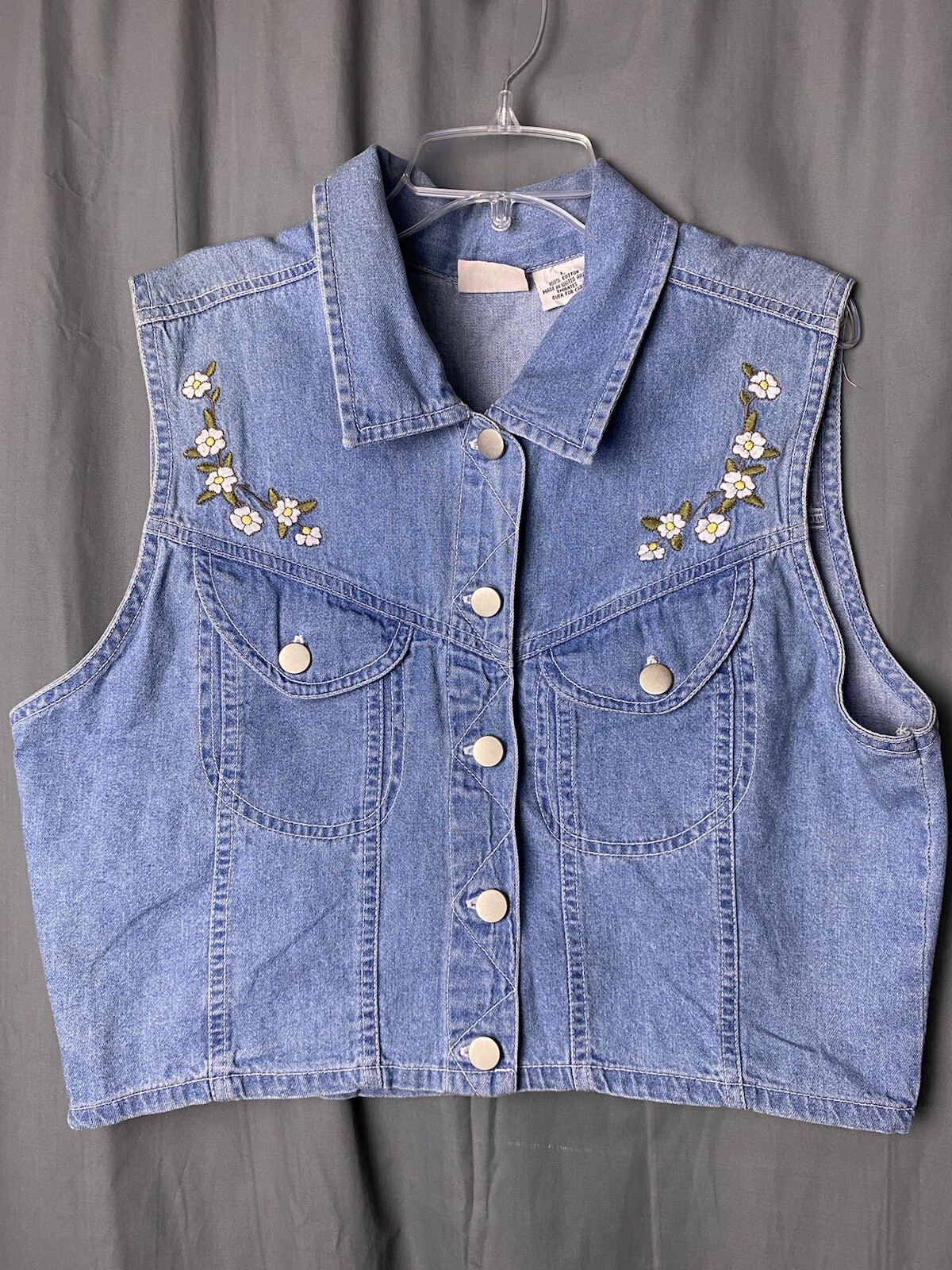 Cotton Y2K Light Denim Floral Embroidered Vest Jrs Sz L Vtg CARRIAGE COURT SPORT