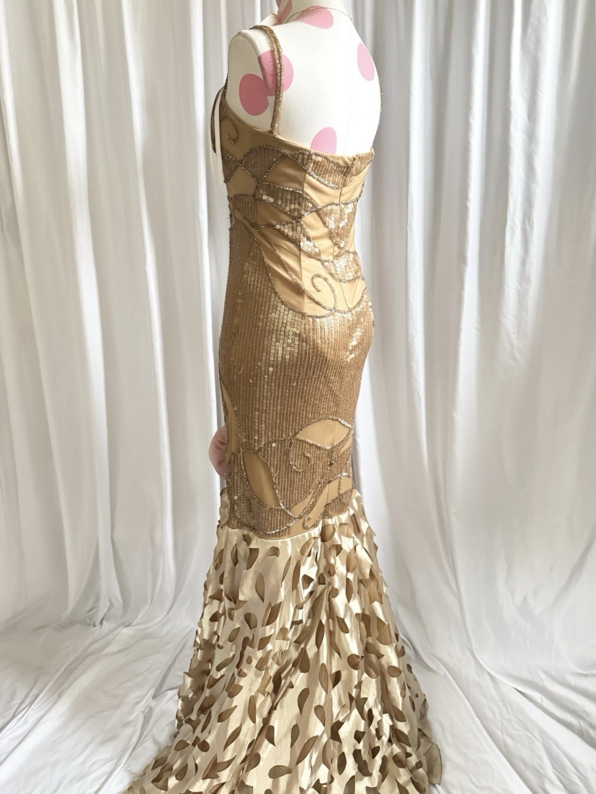 Vintage Gold Fairy Beaded Sequin Ruffle Mesh Vacation Princess Formal Gown Dress