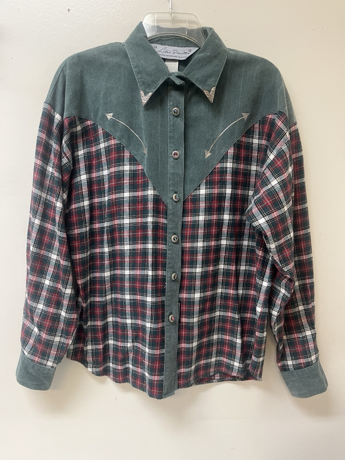 Lilia Smitty Vintage Western Attitude Plaid ￼Button-Up Jeweled Button Medium