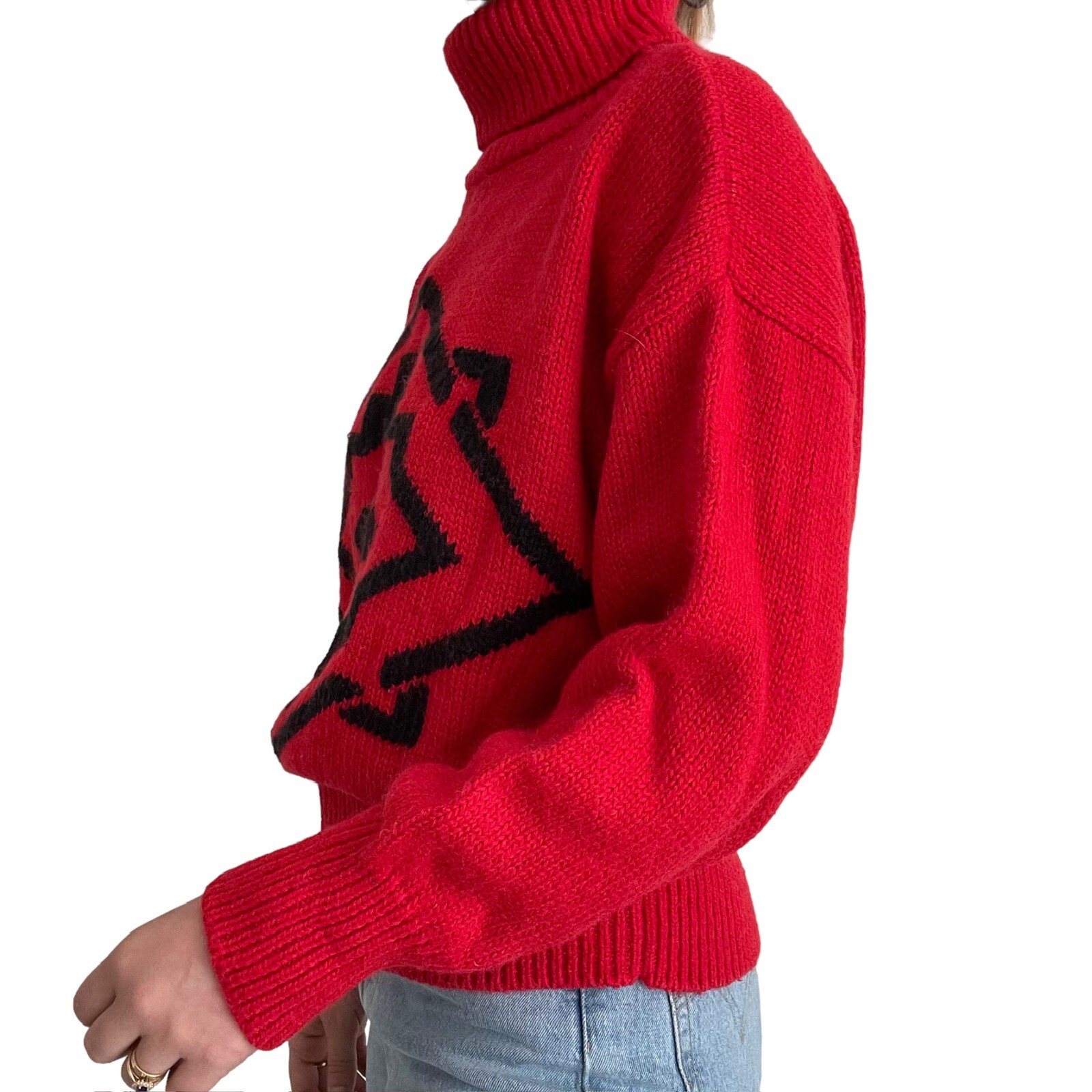 Vintage 80s Boundary Waters Red Wool Blend Geometric Retro Turtleneck Sweater