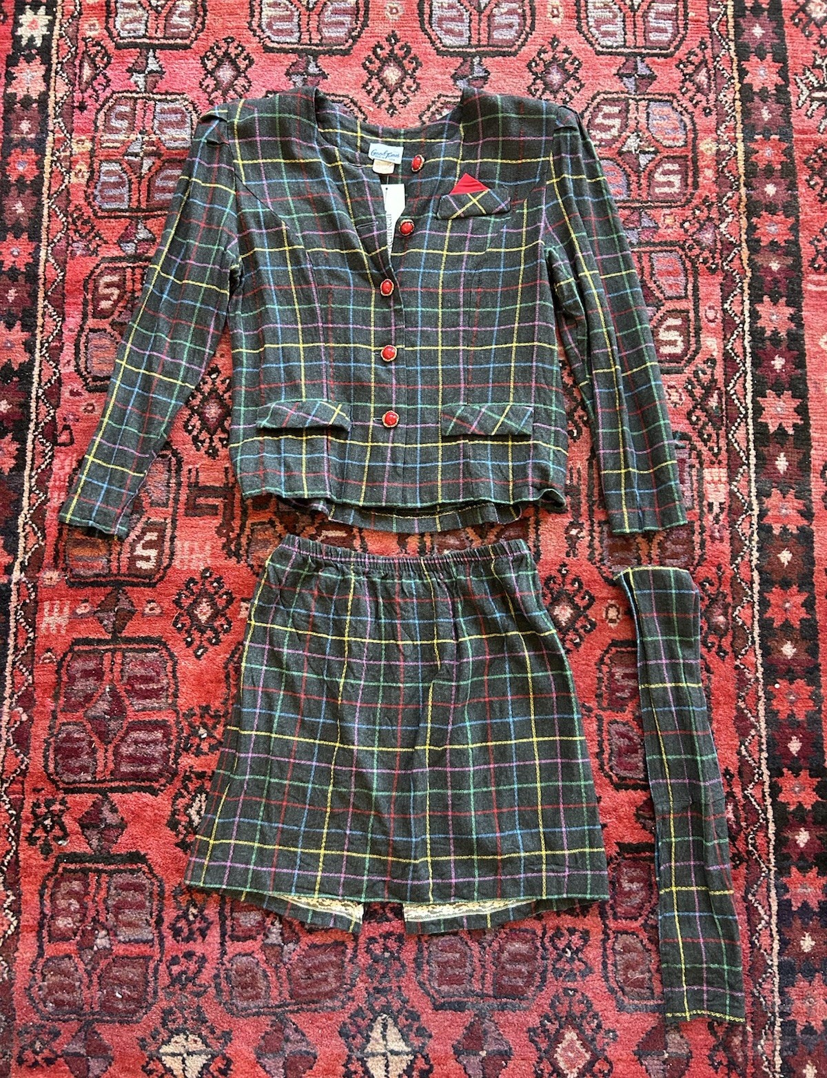 Vintage Good Times USA Plaid 3 Pc Skirt Suit Set 8P Belt 80s 90s