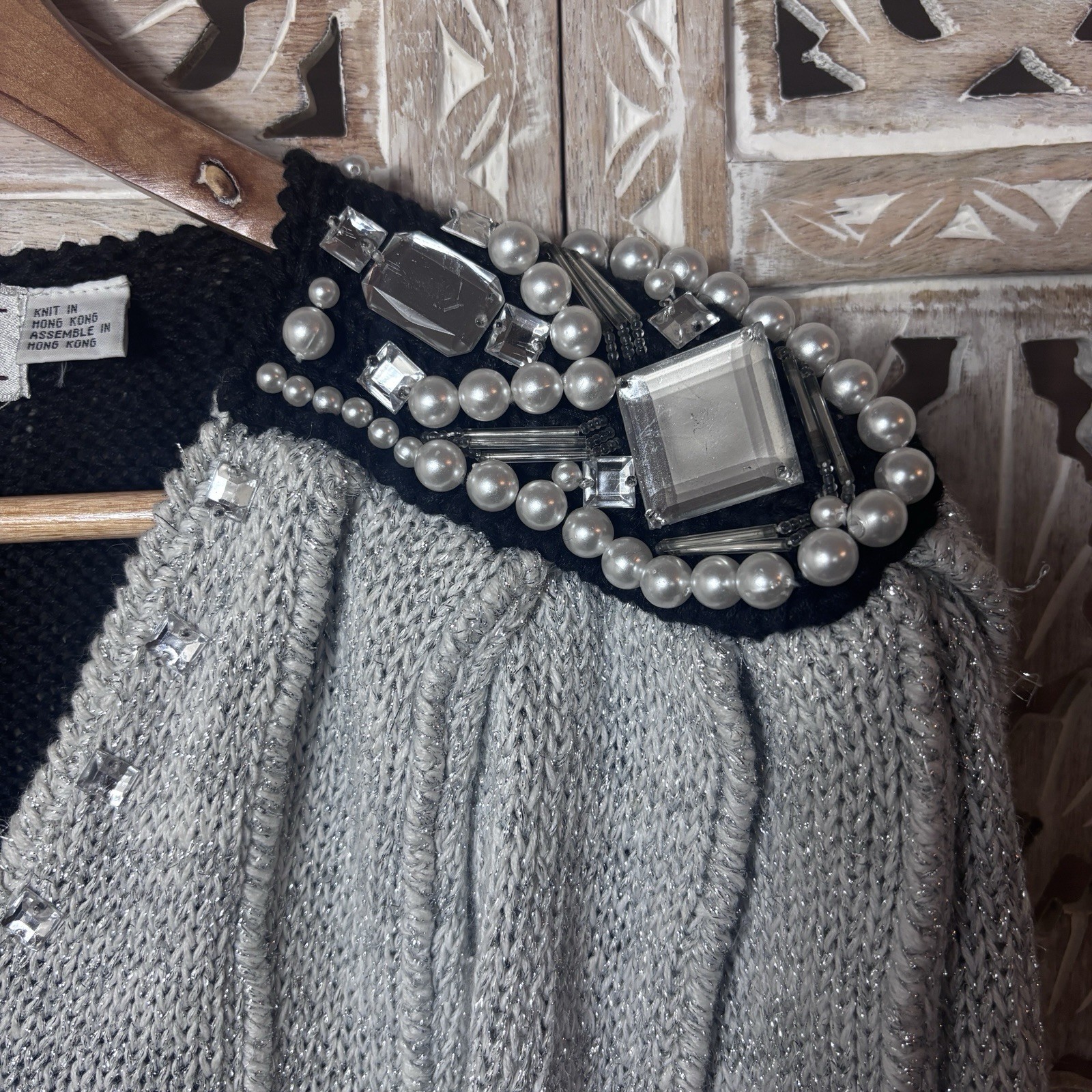Vintage Maurada Pearl Rhinestone Metallic Embroidered V-Neckline Chevron Sweater