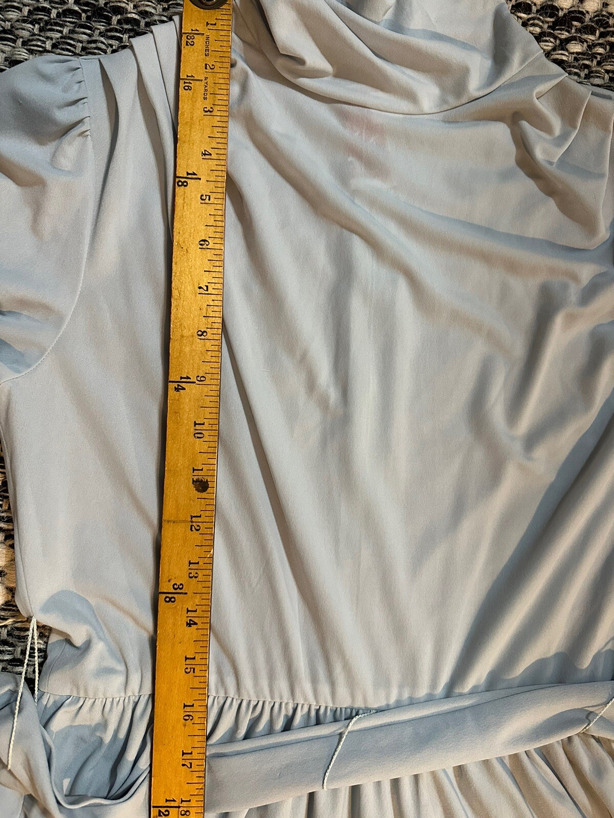 Vtg 70s Icy Blue Polyester Dress Secretary Disco Semi Sheer Puff Sleeve Petite 6