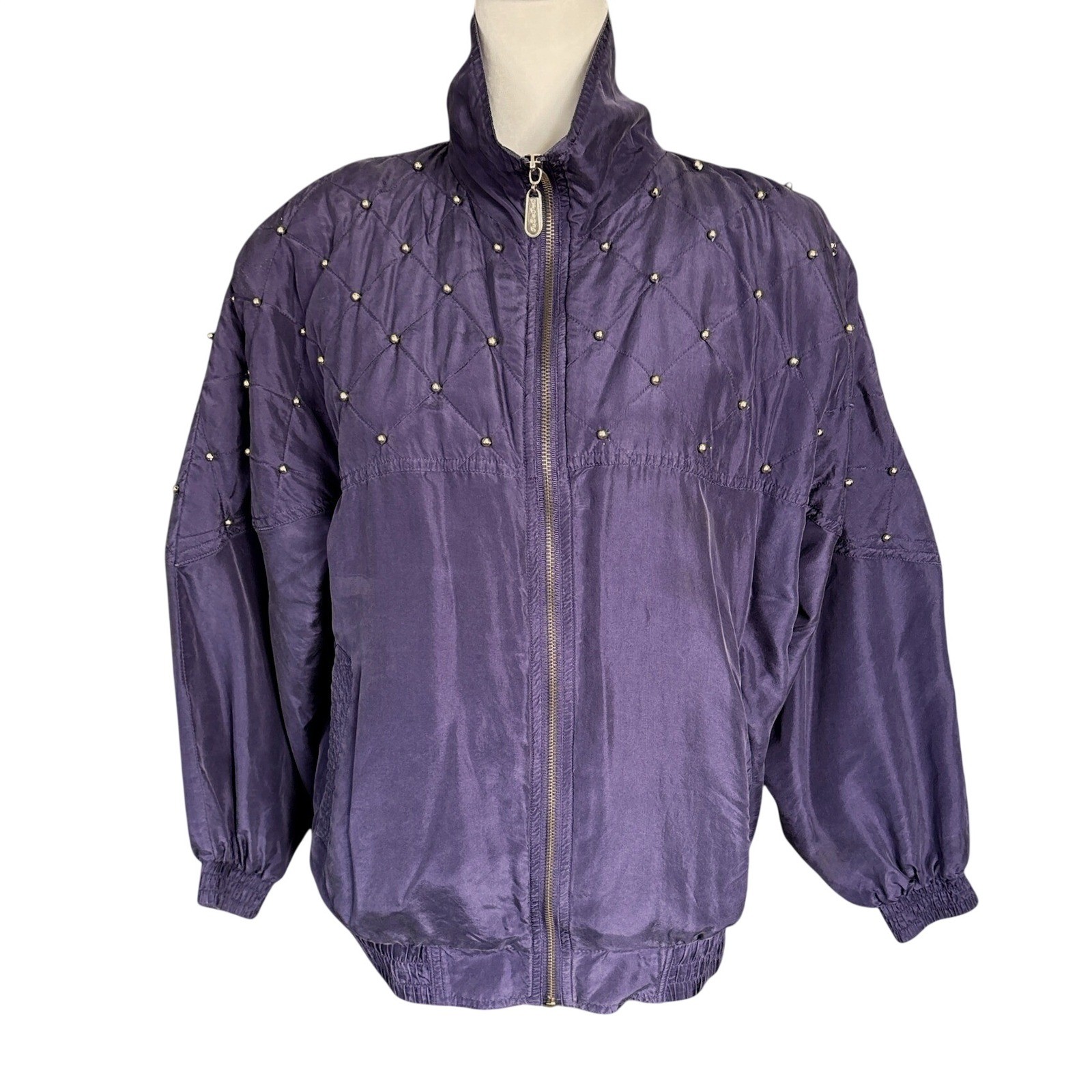 Vintage Fuda International Purple Silk Jacket With Gold-Tone Beads, Petite Small