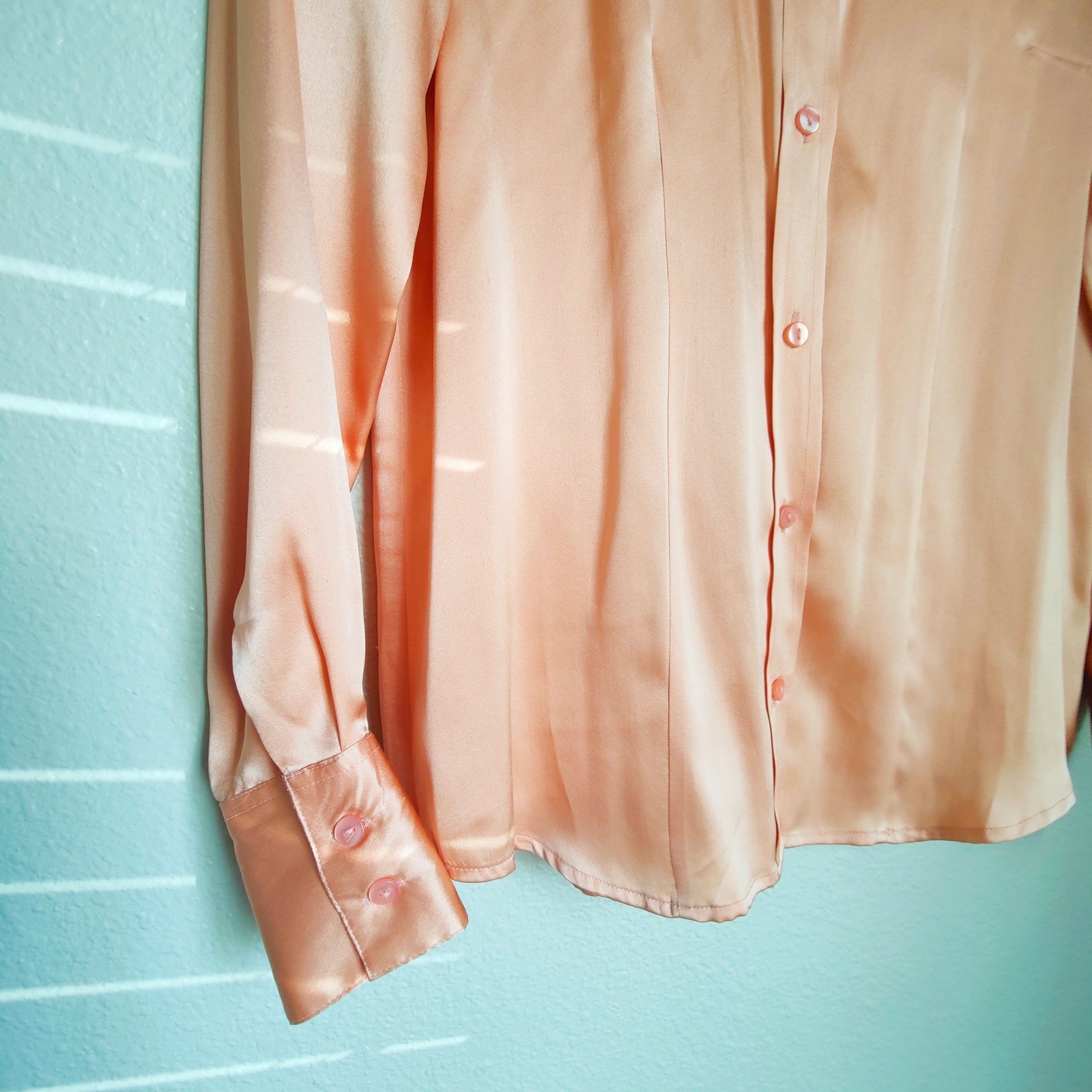 Vintage 90s 100% Silk Satin Button Down Blouse Pink Orange Tailored Womens 6