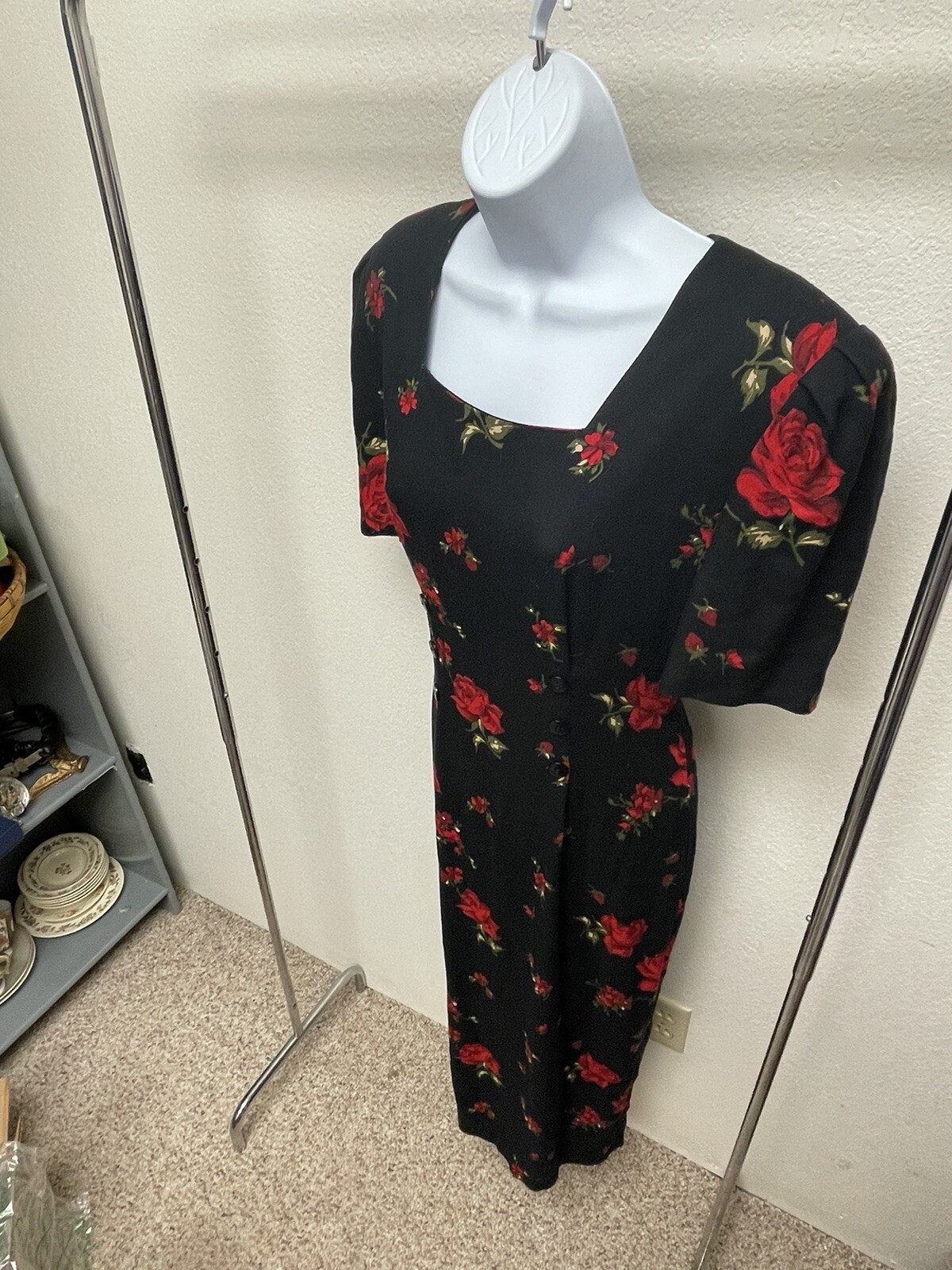 Vintage Betsy’s Things Black & Red Rose Elegant Button Accent Pencil Dress