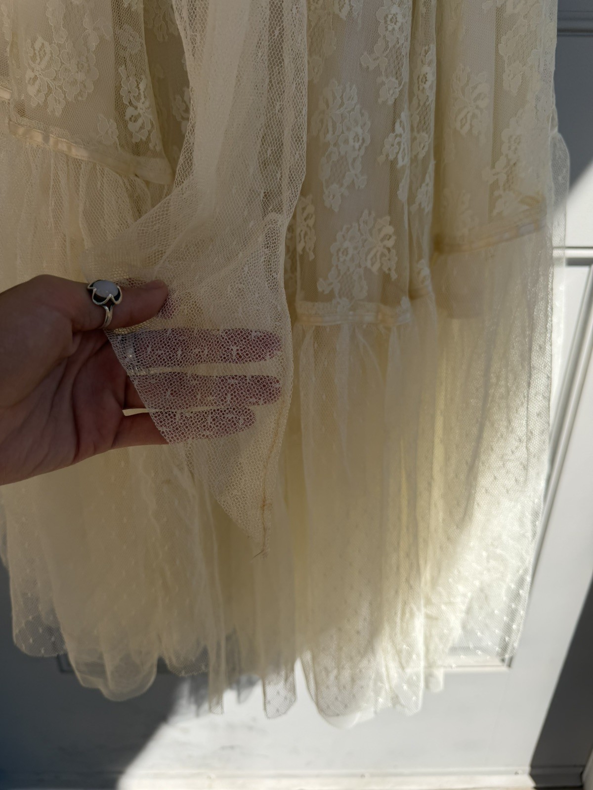 Vtg 70s Jody T Of California Ivory Blush Lace Hi Low Maxi Wedding Festival Dress