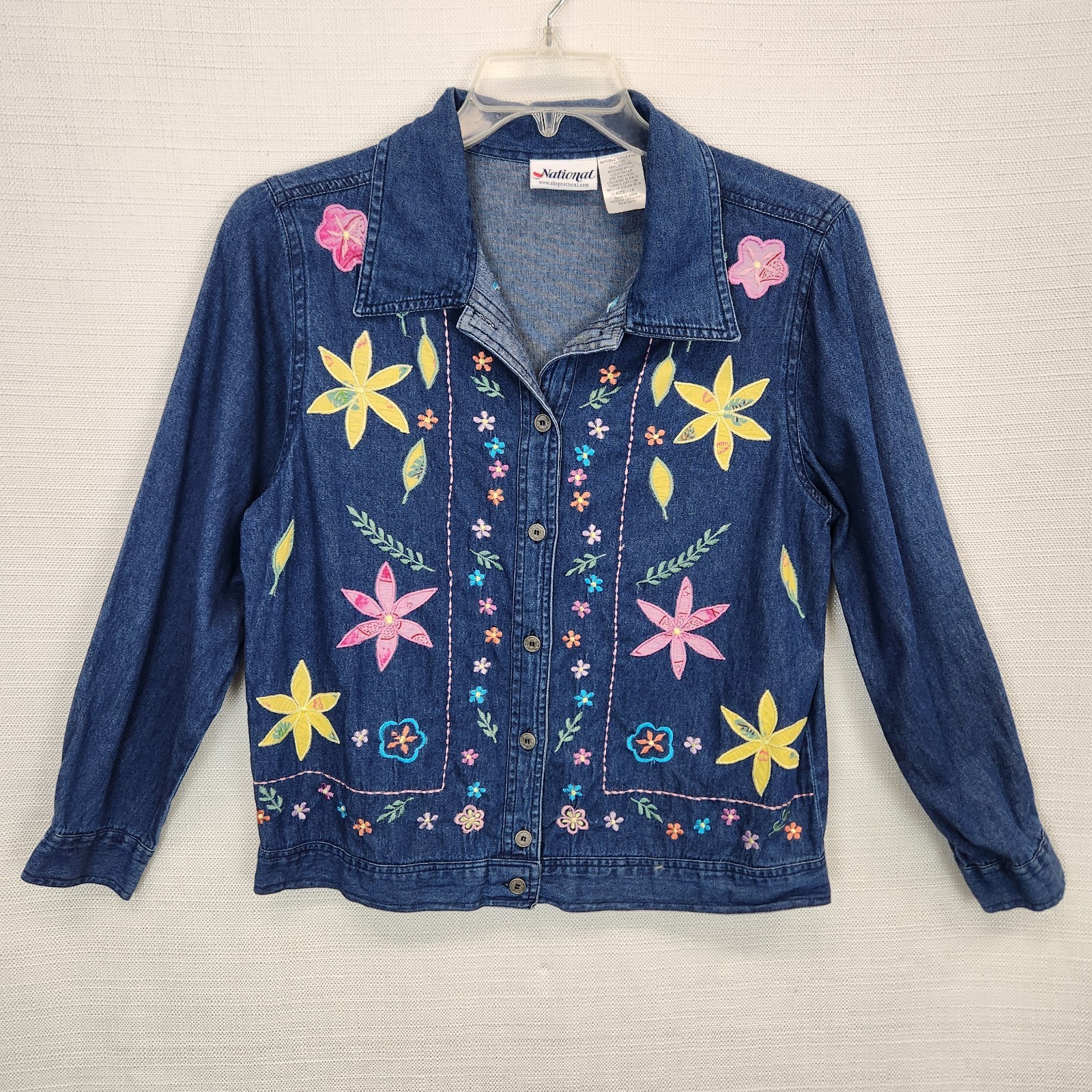 Vintage National Denim Button Jacket Size 14 Embroidered Floral Applique Cotton