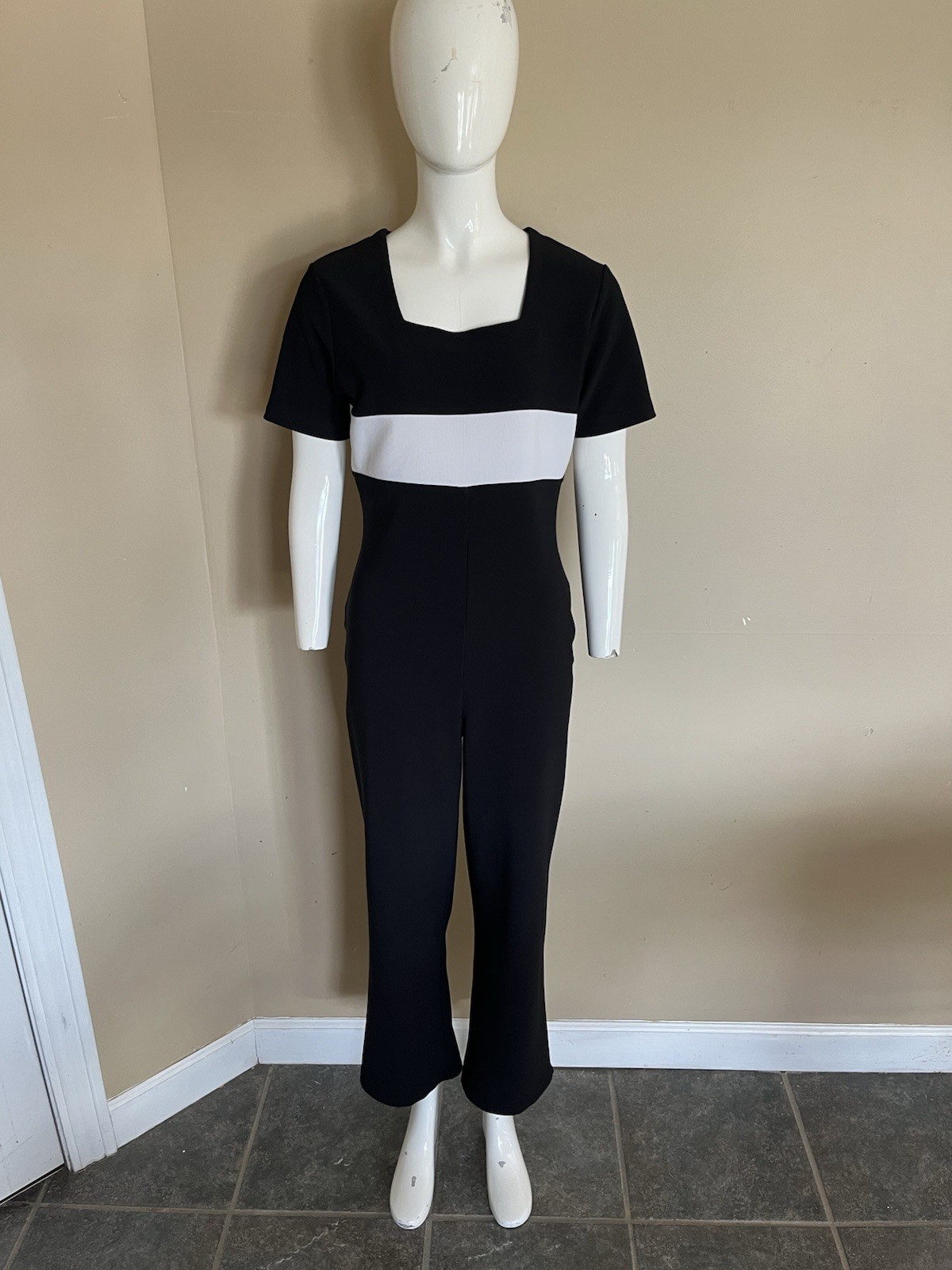 Vtg 90s Apart Impressions Jumpsuit Sz 4 Colorblock Black Square Neck Ribbed Zip