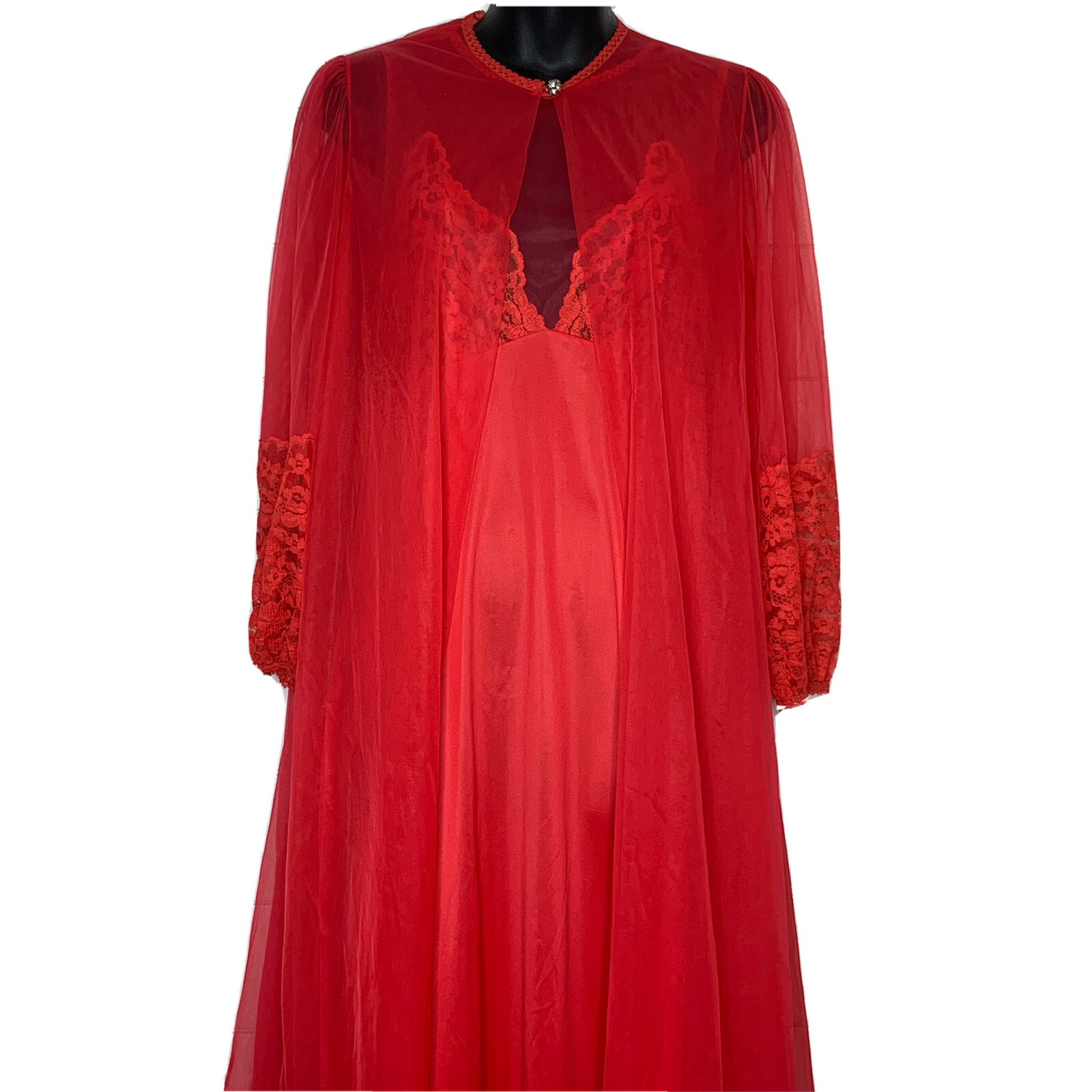 Vintage Sears Lingerie Red Sheer Lace Chemise + Robe 2Pc Size 32-34 Small 4/6