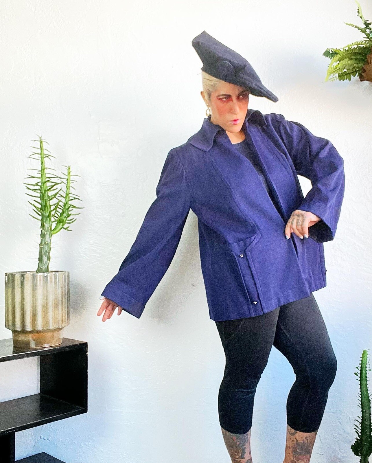 PLUS SIZE Navy Blue Wool GABARDINE 1940’s 40s Vintage Pleated Swing Jacket L Xl