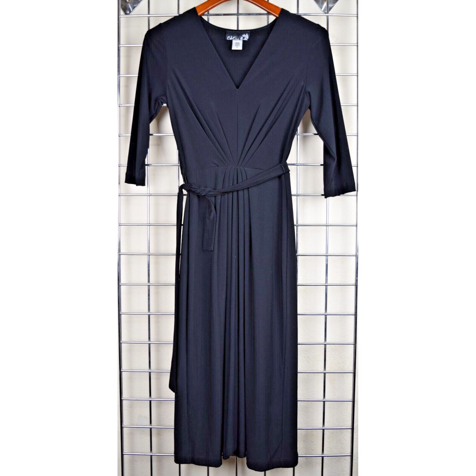 Vintage Dress CSC Studio Size XS 90s Black V-Neck Belted Below Knee Made USA