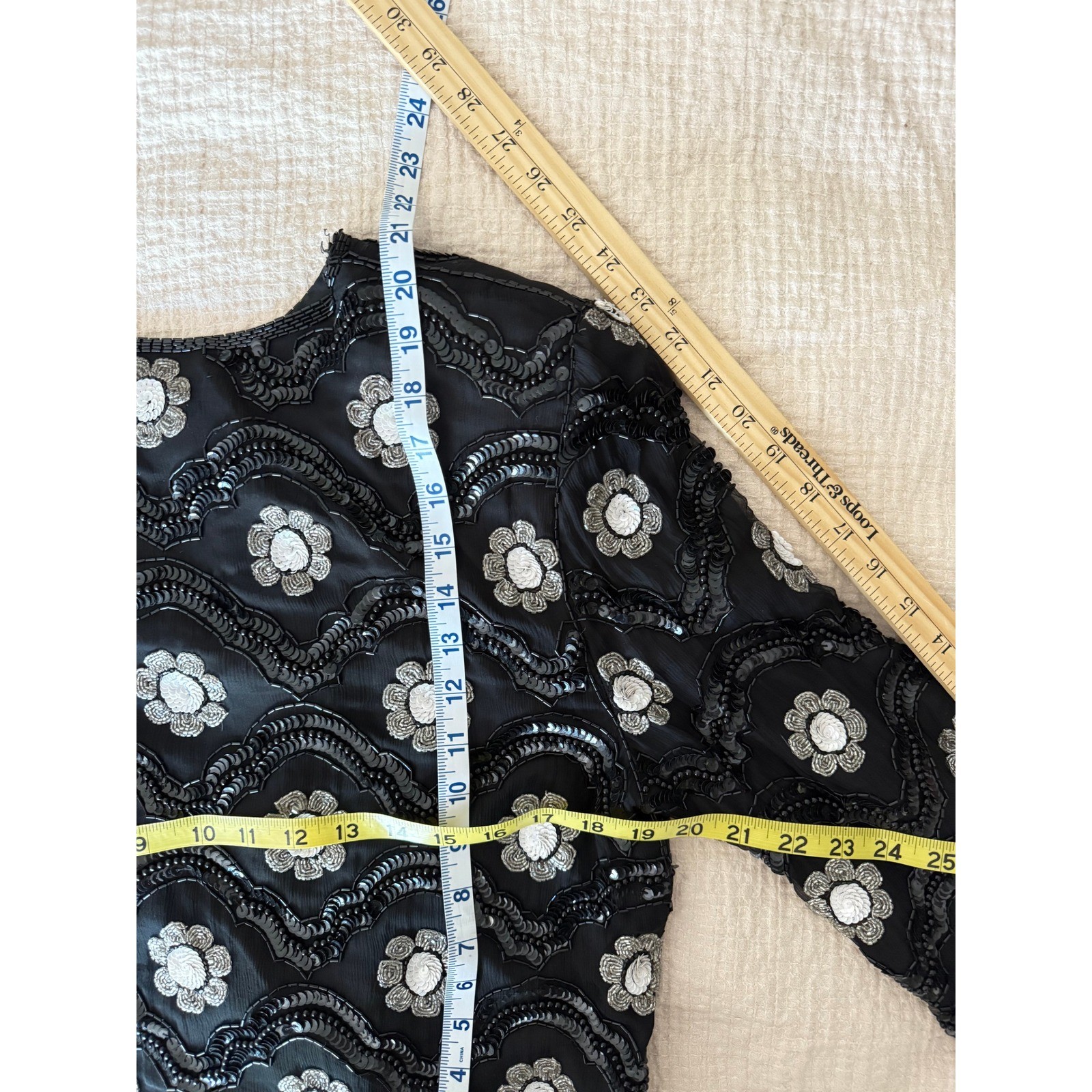 Vintage Niteline Black Silk Sequin Bolero Evening Jacket Beaded Floral Pattern