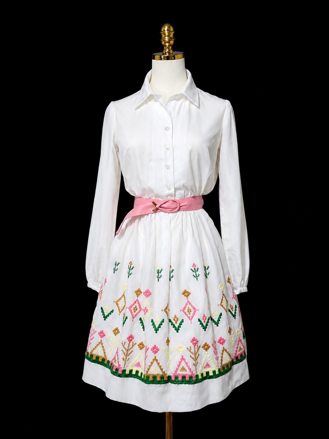 Vintage 60s Vicky Vaughan White Embroidered Shirt Dress Mid-Century Party Mod Be