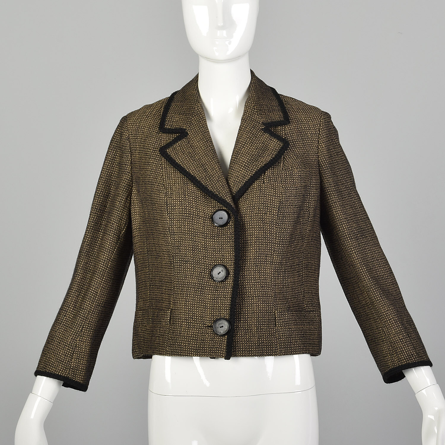 L 1960s Brown Jacket Boxy Tweed Black Trim 3/4 Sleeve Lightweight Blazer 60s VTG