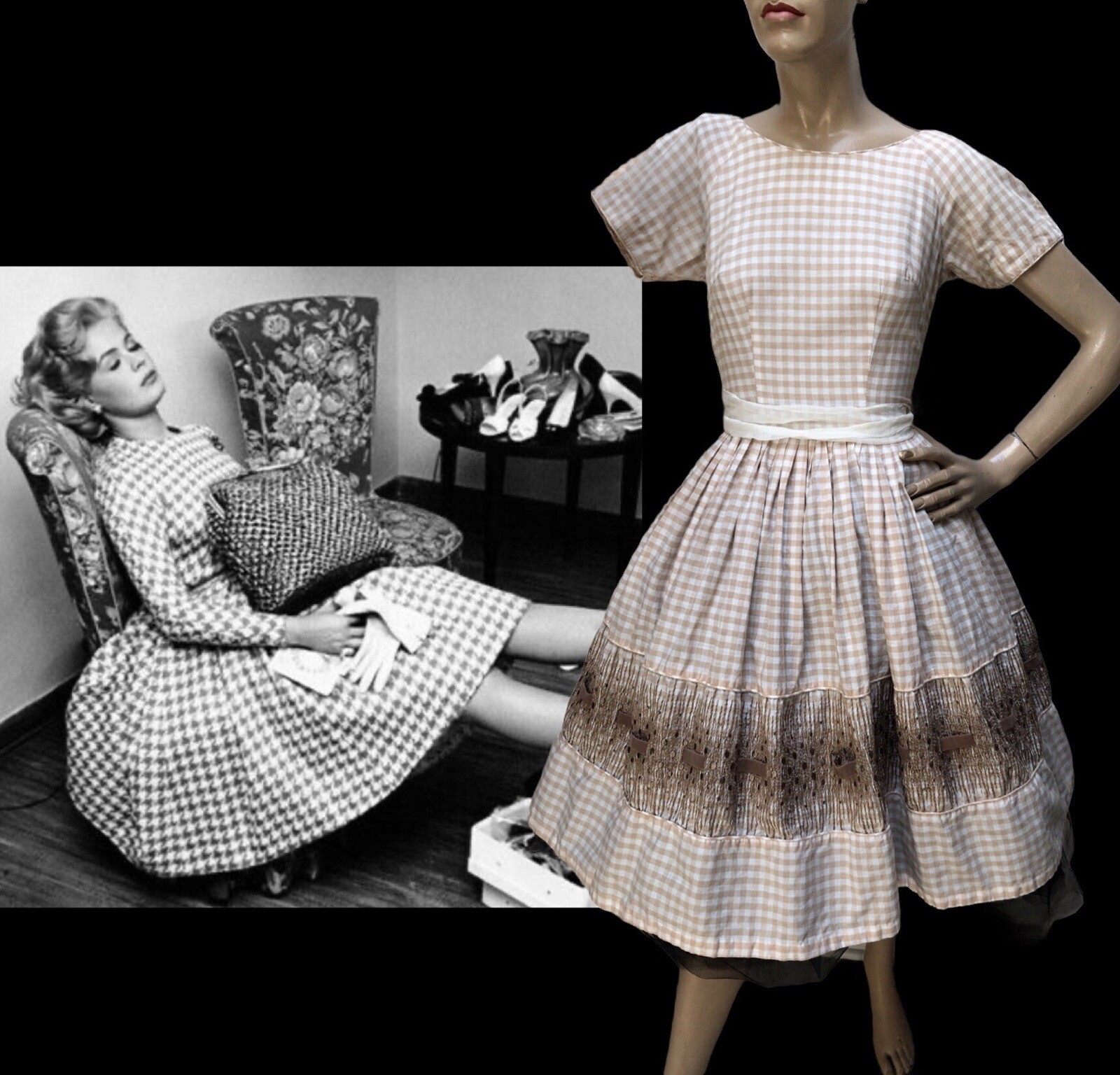 VTG 1950s „LOOK At Me I’M SANDRA DEE” Girly GINGHAM DRESS w/VELVET RIBBON HEM XS