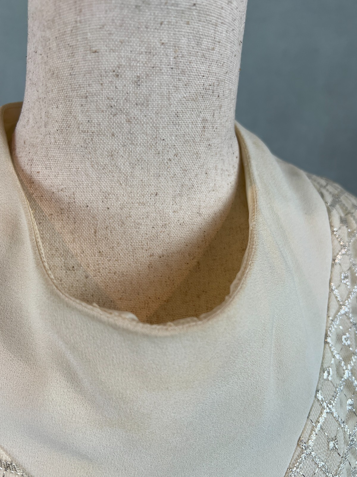 VTG 60’S DESERT FASHIONS LARRY SAKIN CREME SILVER LACE COCKTAIL WEDDING DRESS