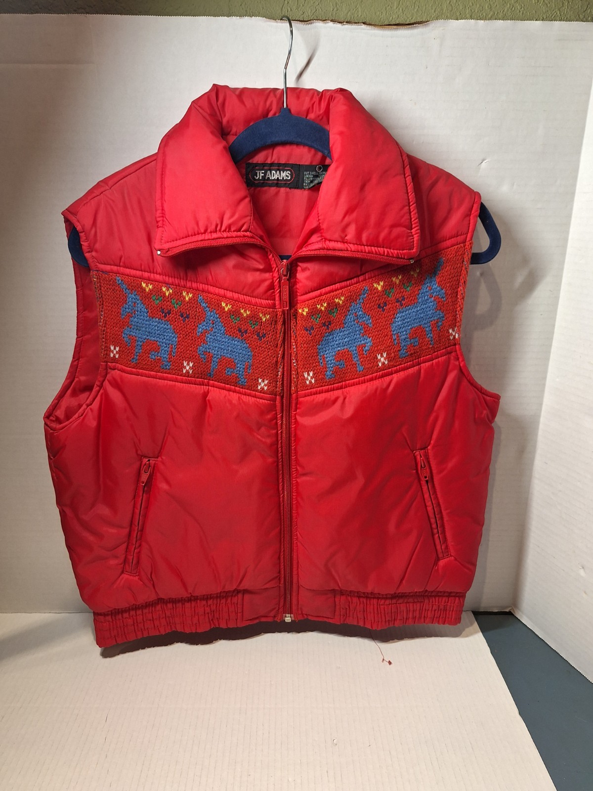 Vintage JF Adams Puffer Vest, Woman’s L, Red, Crochet Design, Zip