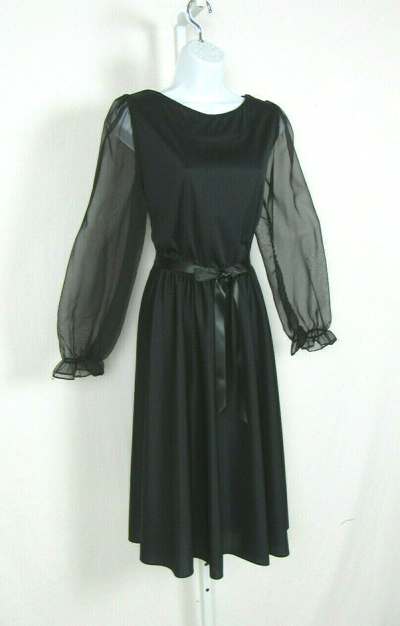 VTG 1960s GEORGE ORIGINALS BLACK DRESS SIZE 12 POLY CHIFFON ARMS RIBBON BELT