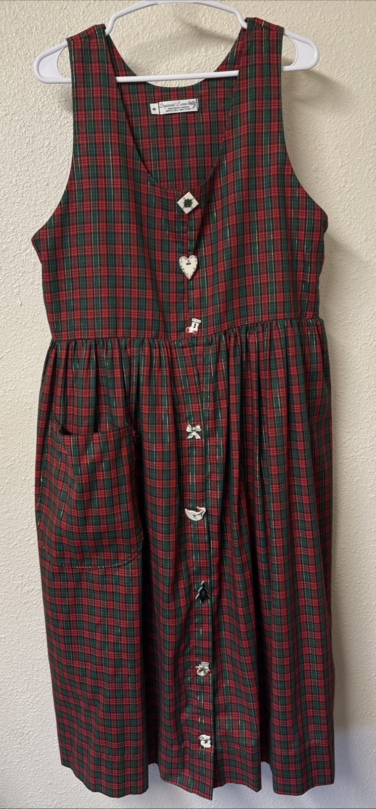 VTG Dogwood Lane Jumper Dress Pinafore Cottagecore Painted Buttons Holiday Plaid