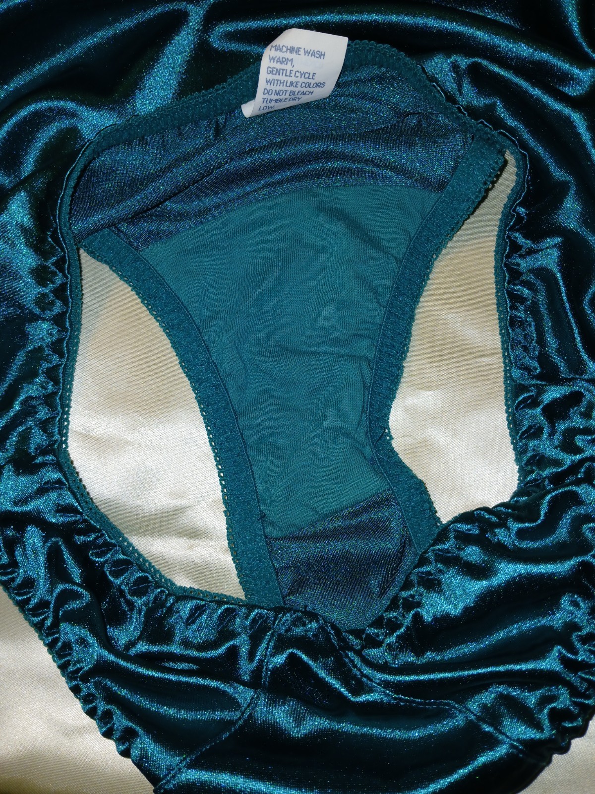 Vintage 90s Teal Green Wet Look Satin Nylon Second Skin Hi-Cut Panties L EUC