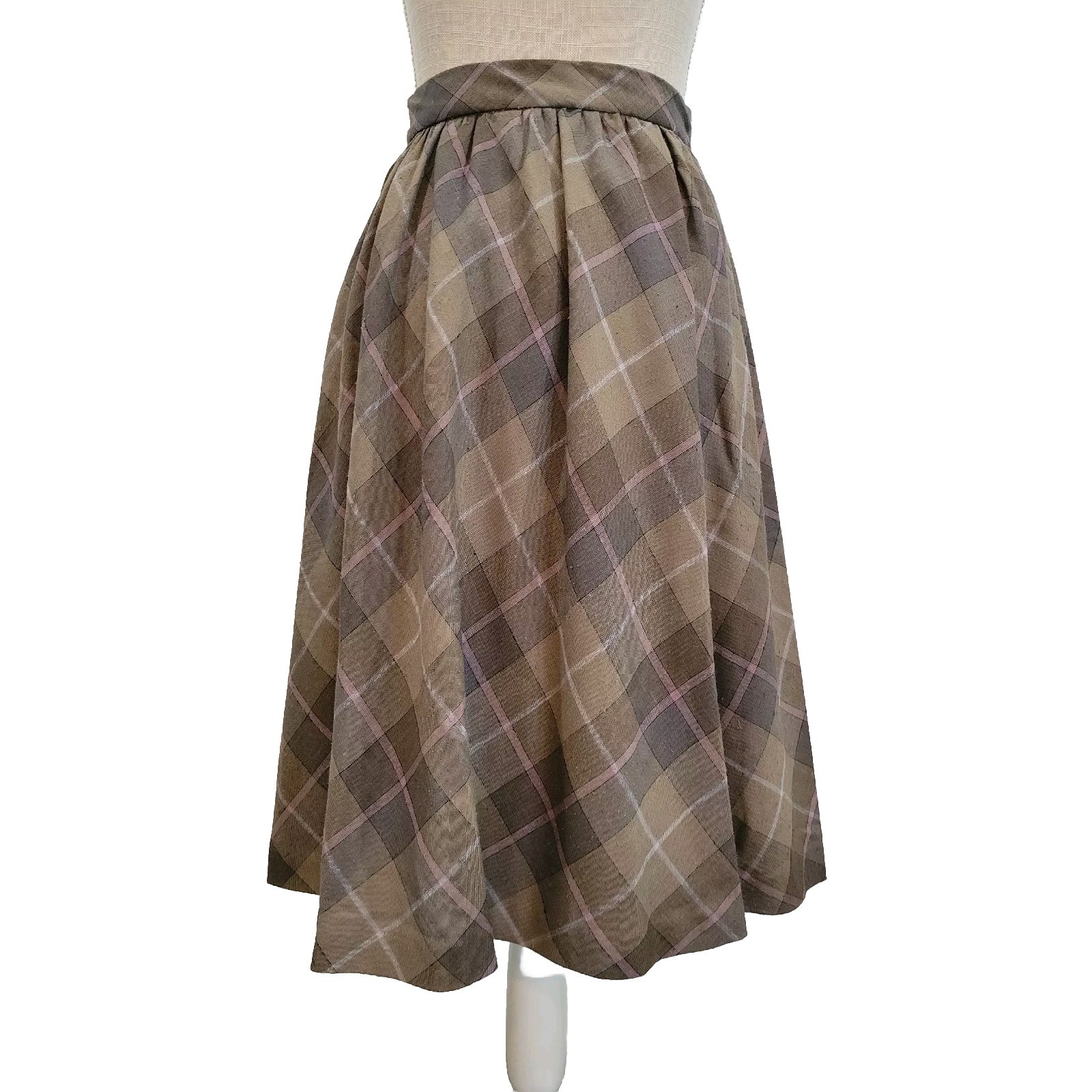 Halston III Vintage Plaid Midi Skirt Womens 4 Brown Mauve 25″ Waist Designer
