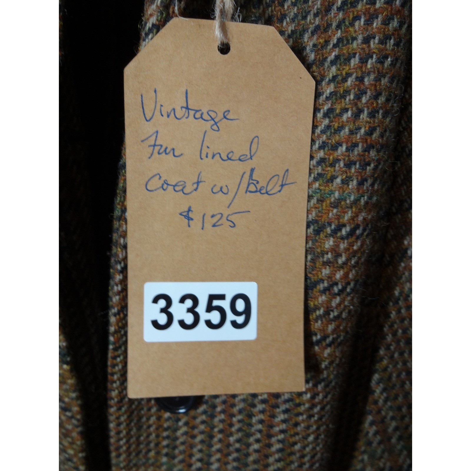 Vintage ILGWU Tweed Coat Women M Brown Fur Trim Belted 60s Retro Dark Academia