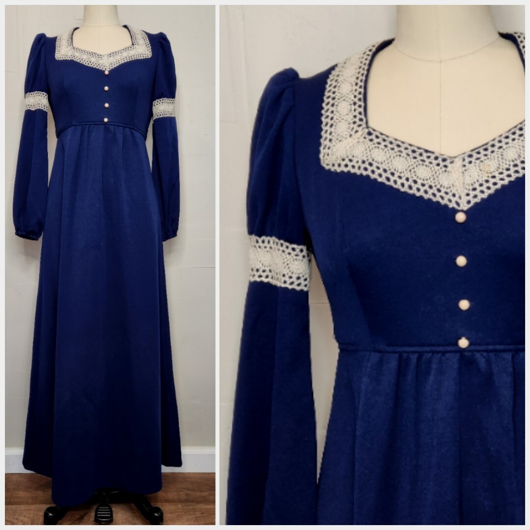 Vintage 70s Royal Blue Ivory White Lace Maxi Dress Tie Empire Waist S or M