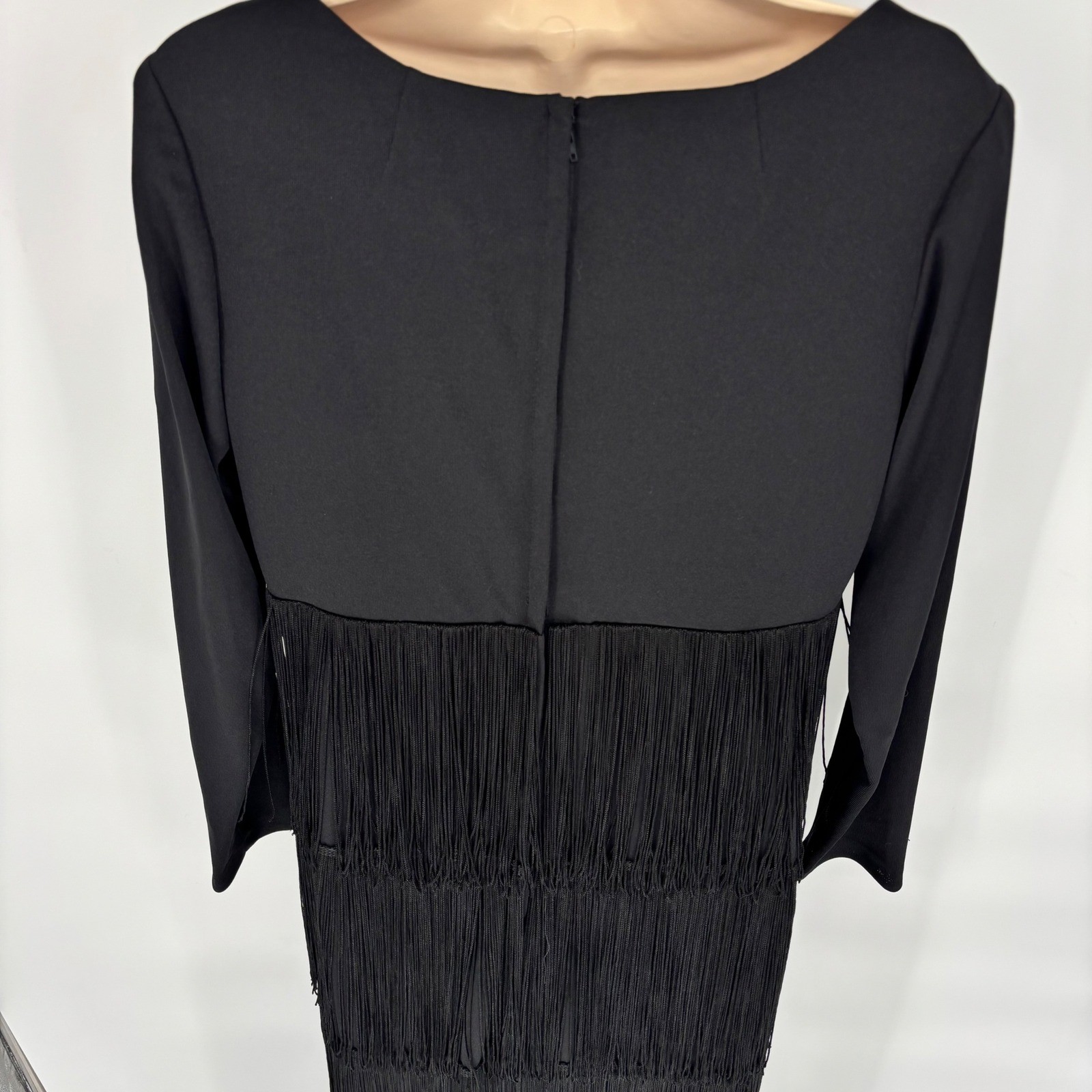 Vintage Claralura Original Black Fringe Maxi Dress V-Neck Long Sleeve Sz L
