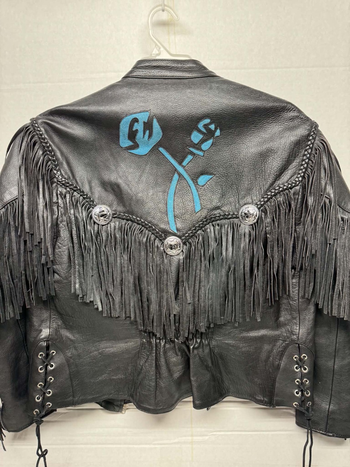 Vintage Black Leather Biker Jacket Women’s Fringe Turquoise Rose Appliqué