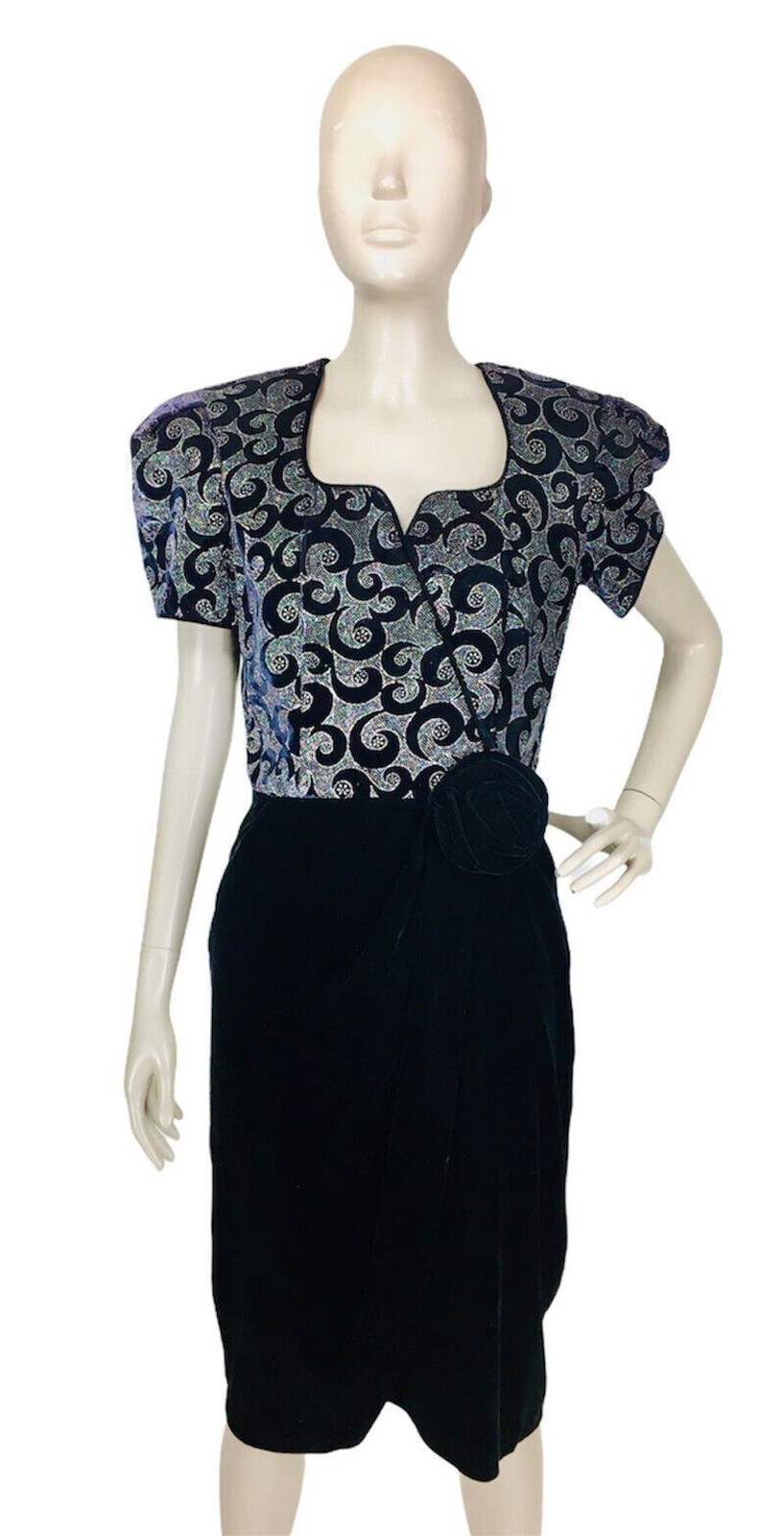 Vintage Velvet Glitter Swirl Puff Sleeve Faux Wrap Rosette Cocktail Wiggle Dress
