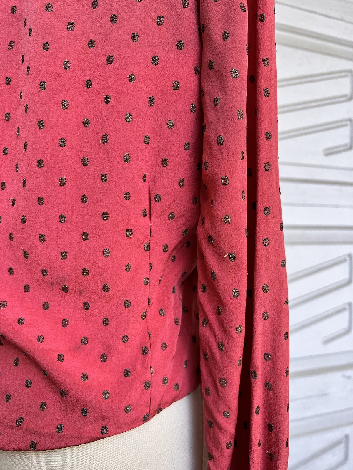 Vintage 1930s 40s Raspberry Silk Blouse Shirt Gold Metallic Dot Embroidery Bows