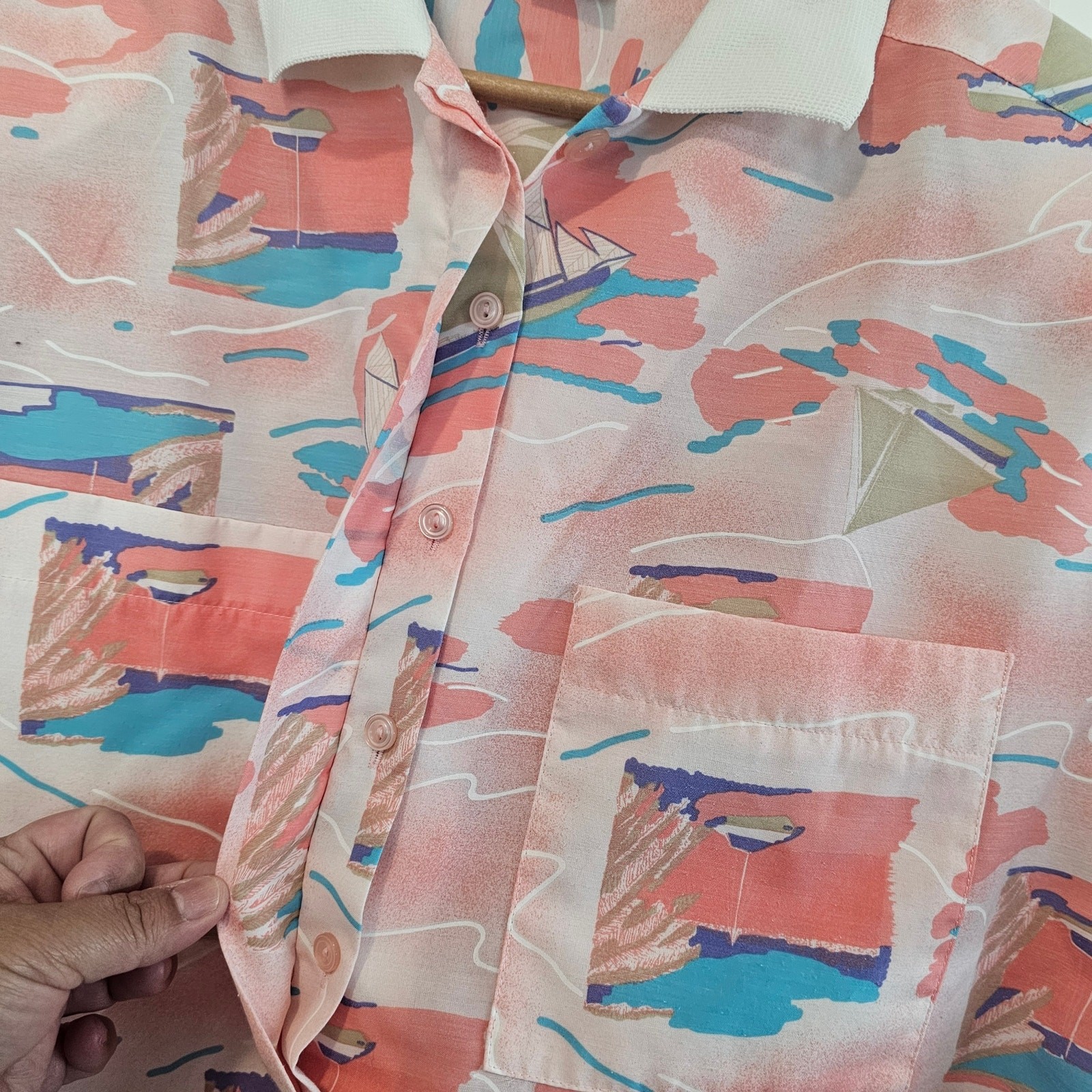 Vintage Sailing Blouse Womens 2X Pink Nautical Cottage Preppy 90s Granny Resort