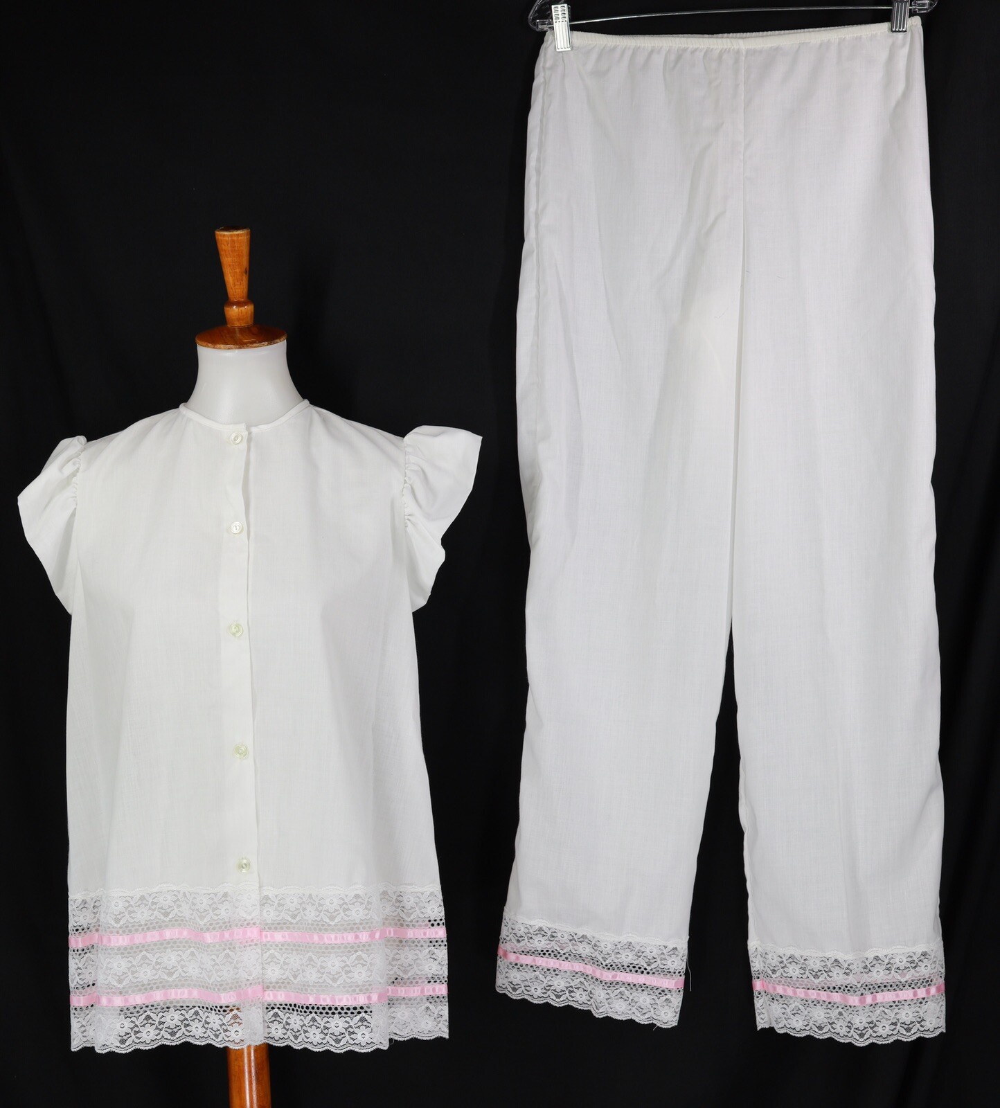 Francheska Valdy Vintage 70’s White Pink Ribbon Lace Pj Set Size Medium Rare